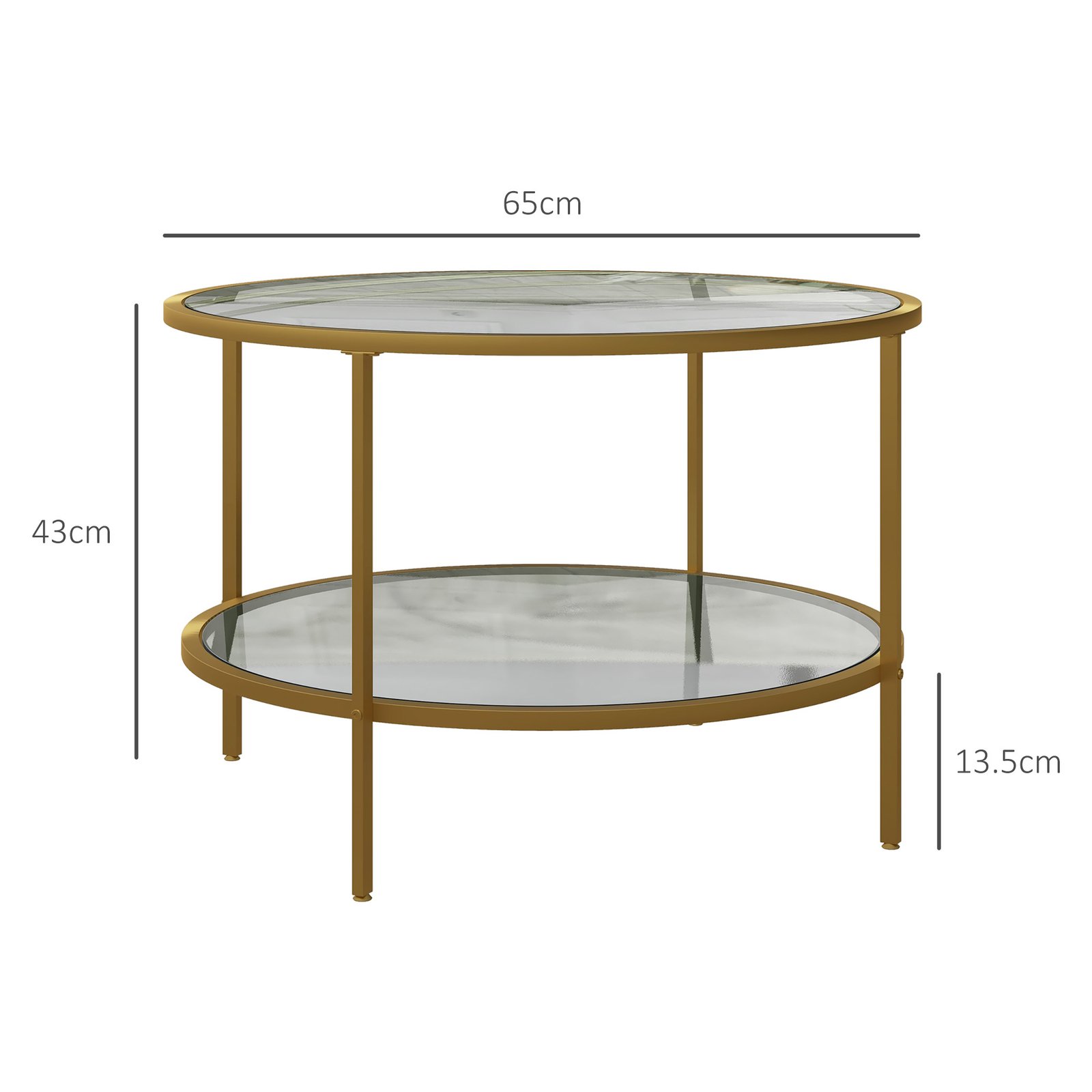 HOMCOM Round Coffee Table with Storage, 2-Tier Tempered Glass Coffee Table with Steel Frame for Living Room, Gold Tone - Image 3