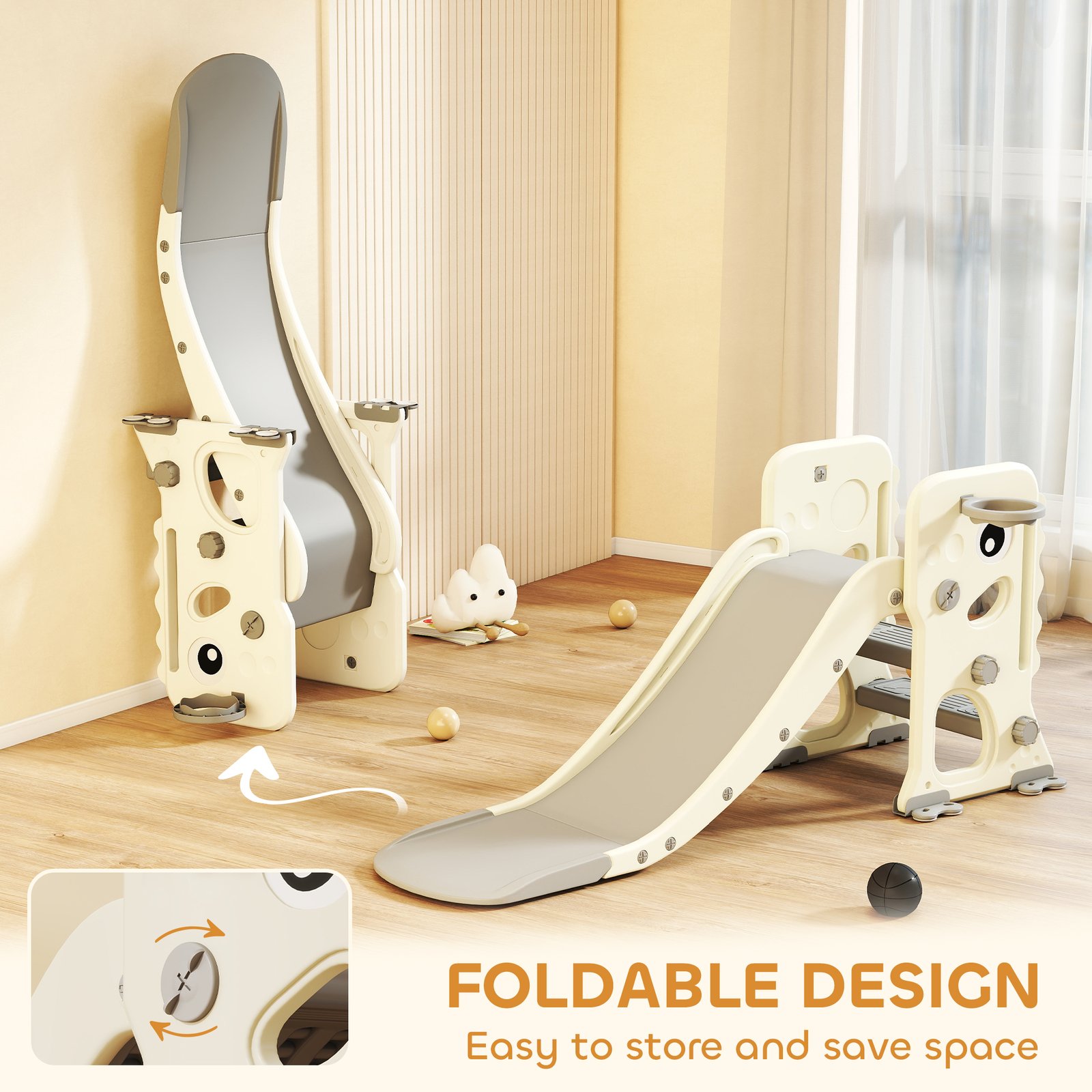 AIYAPLAY 3 in 1 Kids Slide with Climber, Basketball Hoop and Ball, Foldable Indoor Toddler Slide for Ages 2-5, Cream White - Image 4