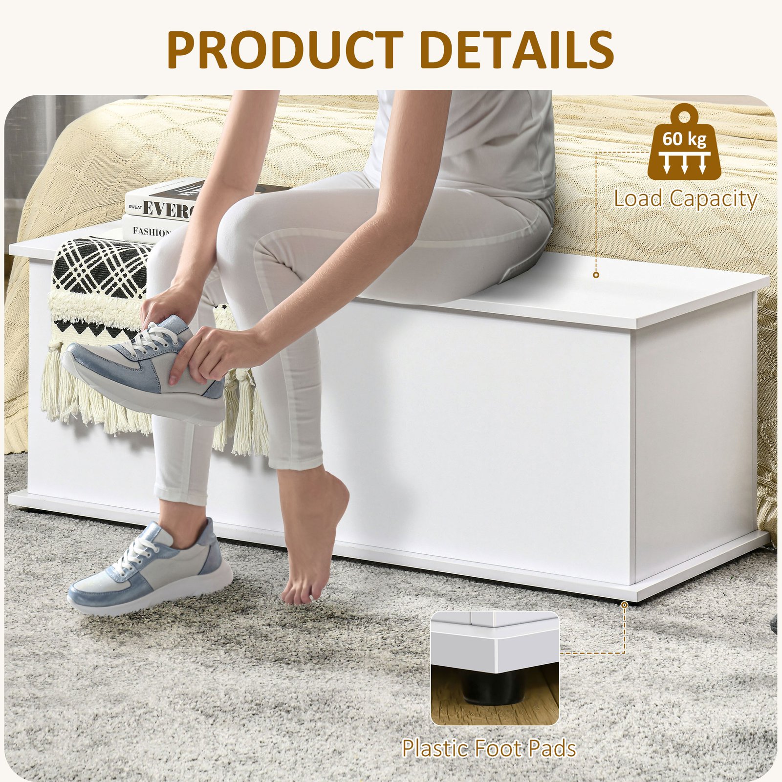 HOMCOM 113L Storage Chest, Storage Box with Flip-Top Lid and 2 Safety Hinges, Storage Trunk for Living Room, Entryway, 100 x 40 x 40 cm, White - Image 6