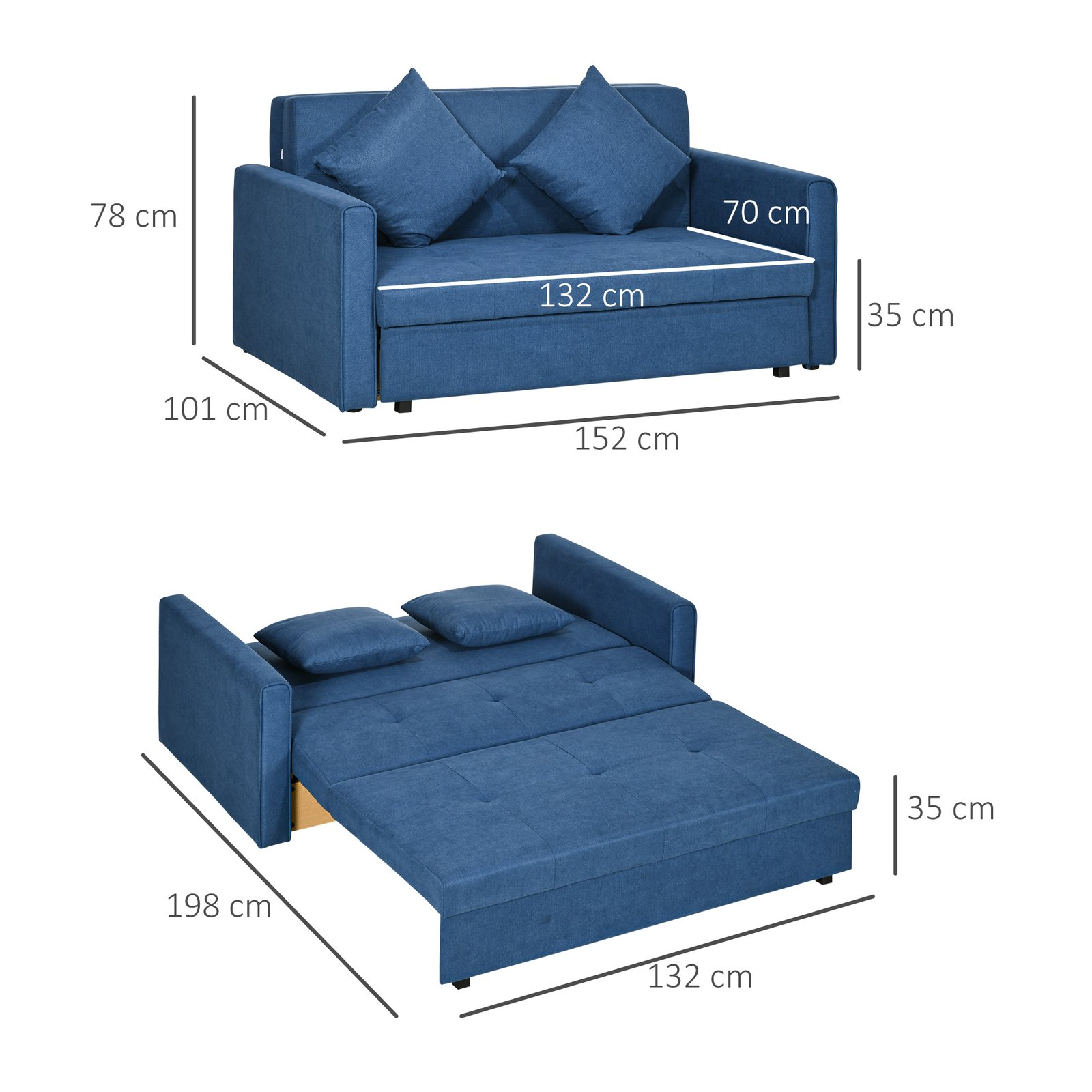 HOMCOM 2 Seater Sofa Bed with Hidden Storage, Pull Out Convertible Bed Settee, Modern Snow Flannel Loveseat Sofa Sleeper with 2 Cushions for Living Room, Guest Room, Deep Blue - Image 3