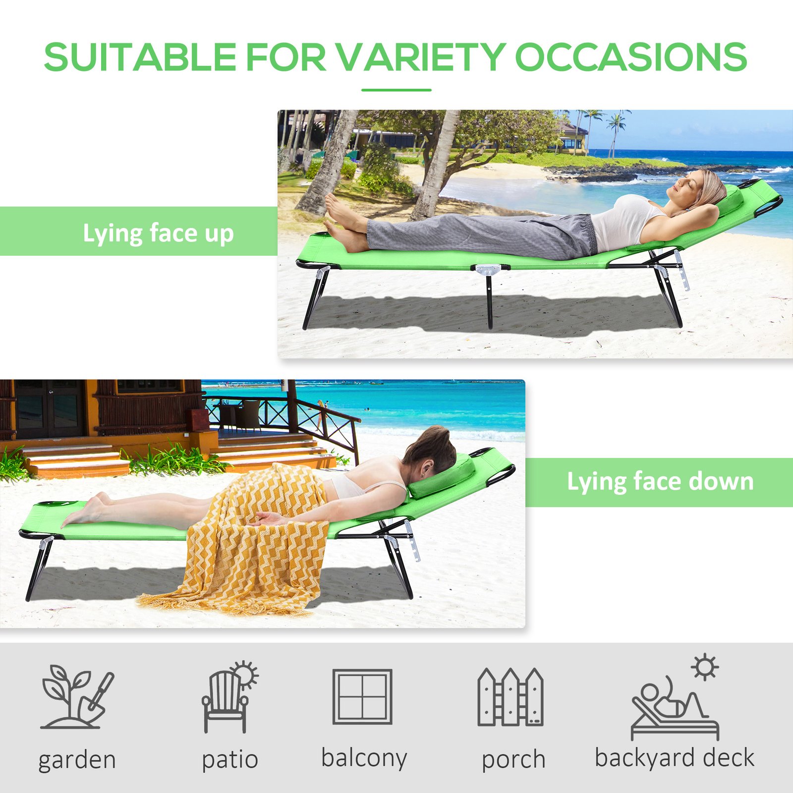 Outsunny Folding Sun Lounger with Face Hole, 4-Position Adjustable Backrest Garden Recliner Chair Sunbed, Outdoor Lounge Chair with 600 D Oxford Cloth Seat, Pillow for Beach, Green - Image 5