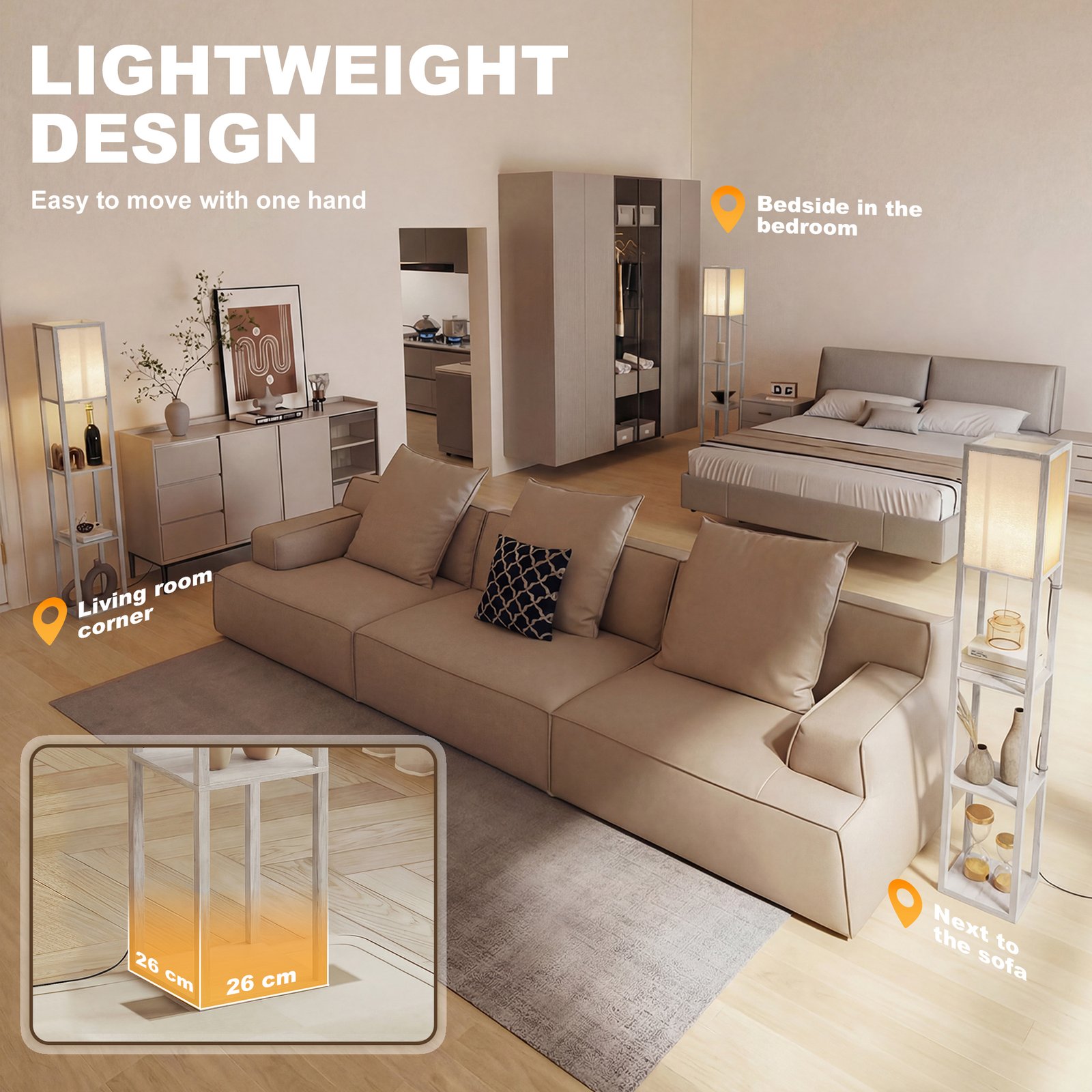 HOMCOM 3-Tier Floor Lamp with Shelves and Storage, Modern Corner Standing Lamp with Lampshade, Reading Light with Foot Switch for Living Room, Bedroom, Home Office, Bulb not Included, Oak - Image 8