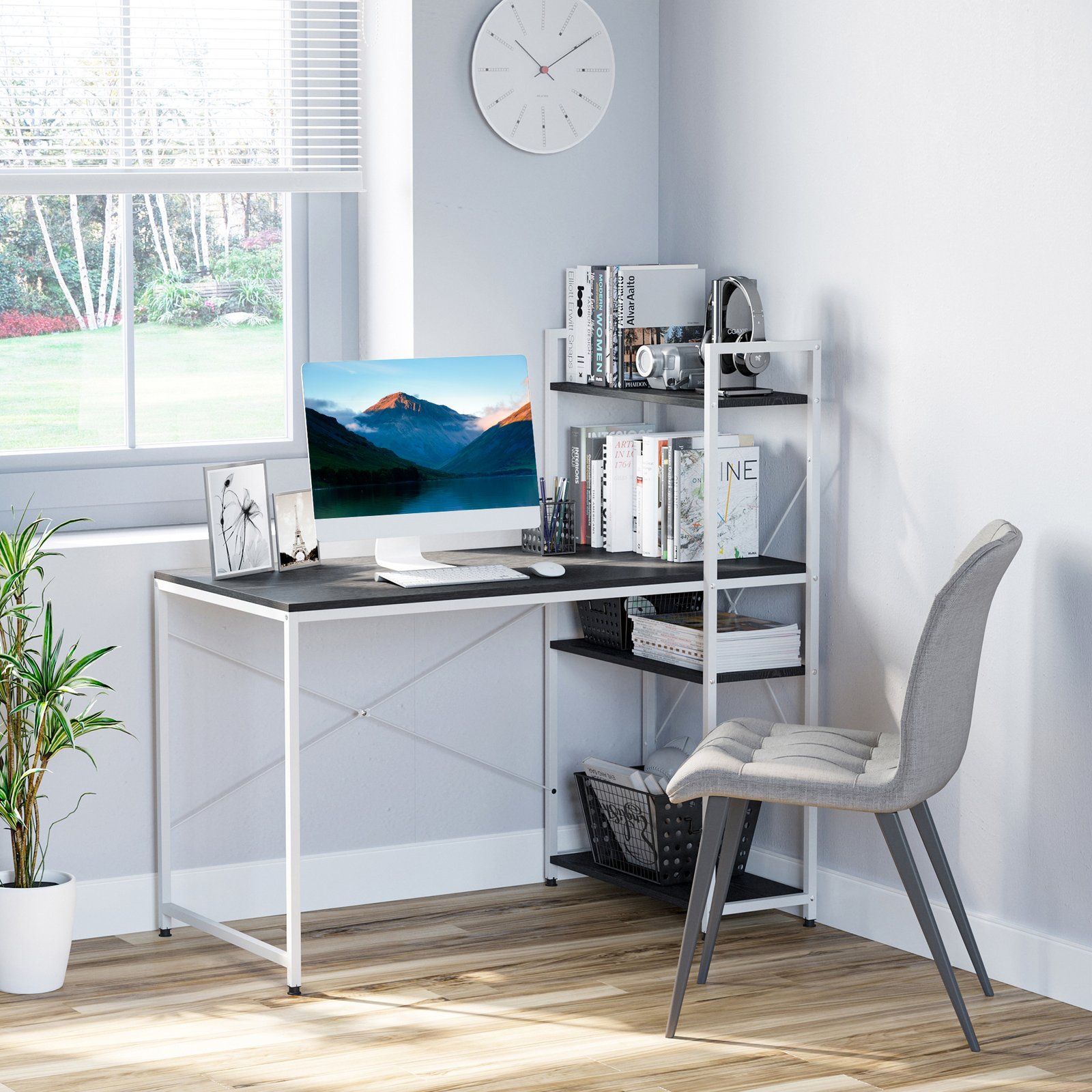 HOMCOM Computer Desk with Storage Shelves on Left or Right, Industrial Reversible Writing Desk for Home Office, Study, Easy Assembly, 120 x 64 x 121cm, Black and White - Image 2
