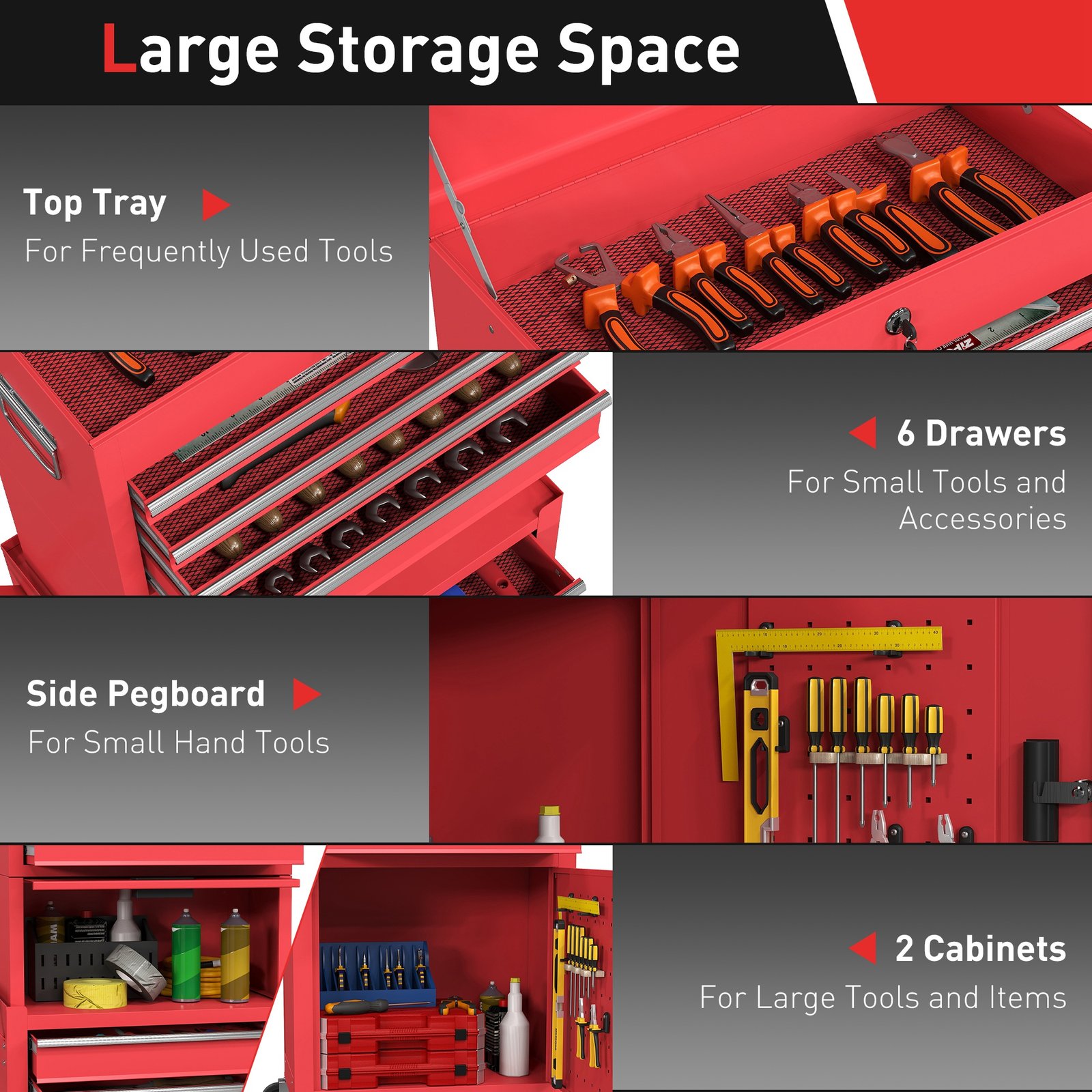 HOMCOM Three-Part Steel Locking Tool Chest - Red - Image 4