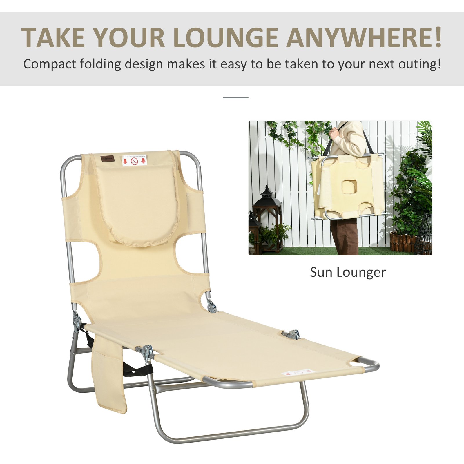 Outsunny Foldable Sun Lounger, Beach Chaise Lounge with Reading Hole, Arm Slots, 5-Position Adjustable Backrest, Side Pocket, Pillow for Garden, Beach, Camping, Beige - Image 7