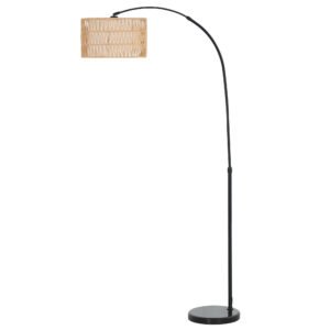 HOMCOM Rattan Floor Lamp for Living Room, Farmhouse Arc Standing Lamp with Dual-Layer Shade & Foot Switch, Height Adjustable Minimalist Tall Pole Lampshade for Bedroom, Office, Black