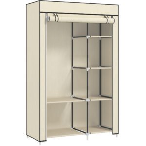 HOMCOM Fabric Wardrobe, Portable Wardrobe with 6 Shelves, 1 Hanging Rail, Foldable Closets, 103 x 43 x 162.5 cm, Cream White