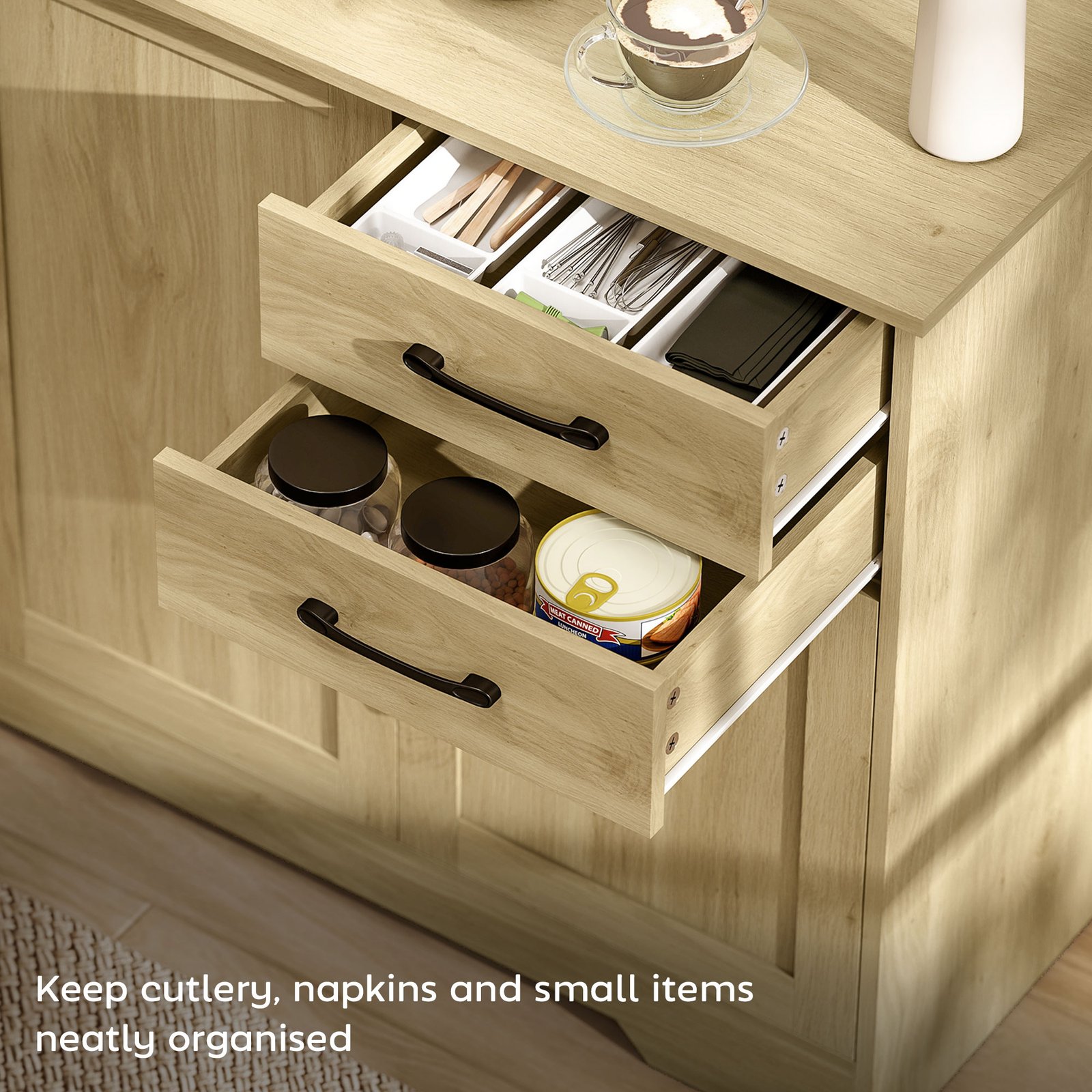 HOMCOM Sideboard with 2 Drawers Modern Storage Cabinet, Kitchen Cupboard with Adjustable Shelf and 3 Doors Natural - Image 5