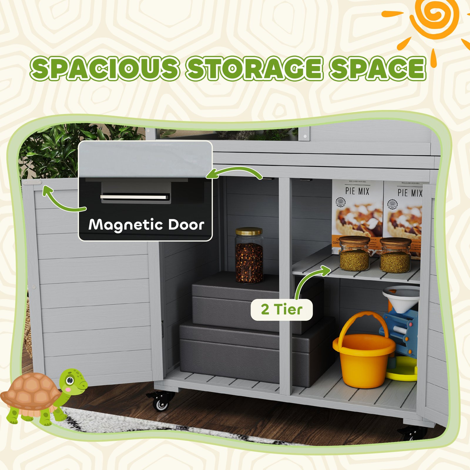 PawHut Wooden Tortoise House with Storage Cabinet, Openable Top, Lamp Holder, Windows, Light Grey - Image 4