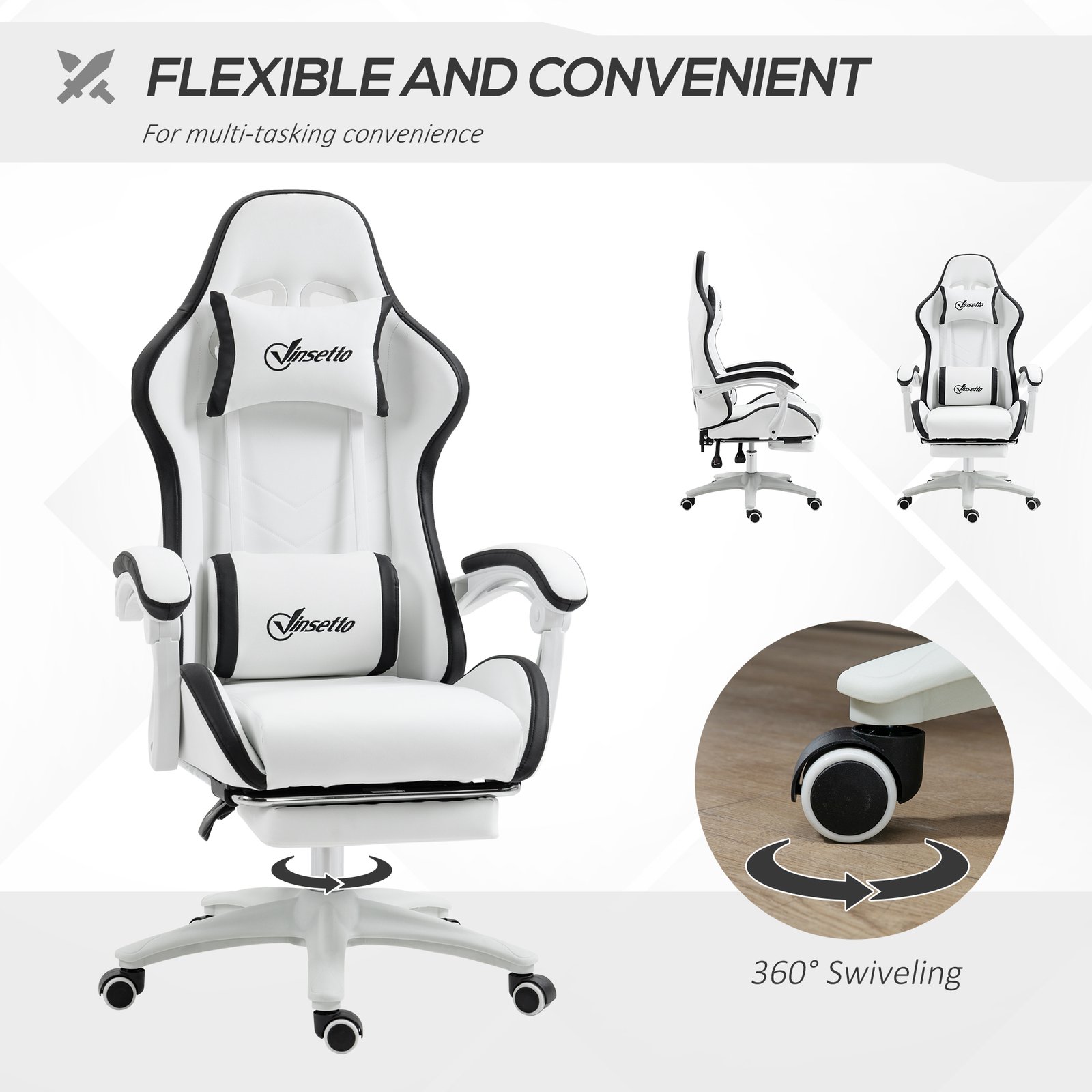 Vinsetto Ergonomic Computer Gaming Chair, PU Leather Office Desk Chair with Footrest, Swivel Wheels, 135° Reclining Back, Lumbar Support, Headrest for Home, White and Black - Image 6