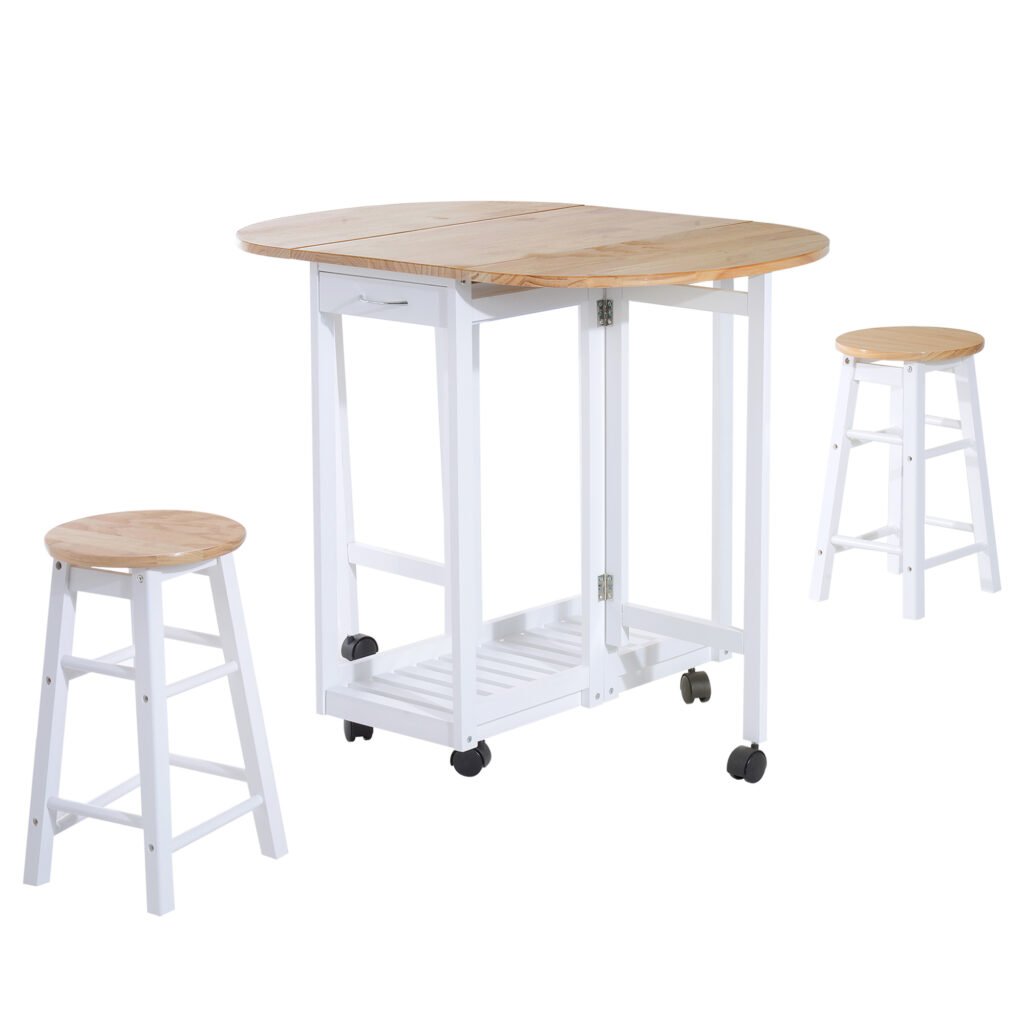 HOMCOM 3 Pieces Dining Room Set, Mobile Foldable Dining Table and 2 Stools with Storage Shelf, 2 Drawers and 6 Wheels, Drop Leaf Bar Table and Stools for Home Kitchen Pub, White HOMCOM 3 Pieces Dining Room Set, Mobile Foldable Dining Table and 2 Stools with Storage Shelf, 2 Drawers and 6 Wheels, Drop Leaf Bar Table and Stools for Home Kitchen Pub, White