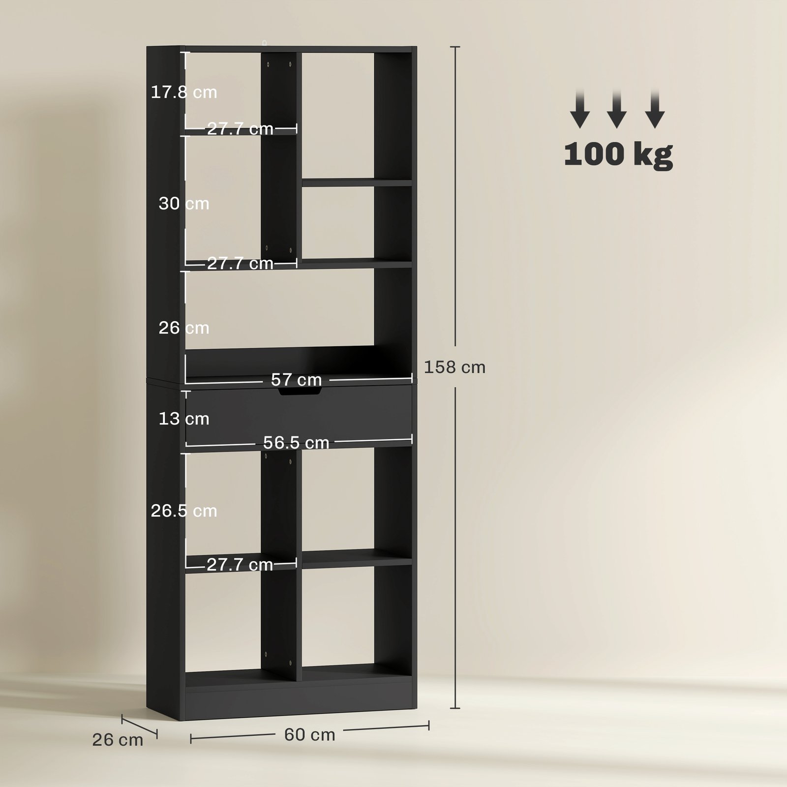 HOMCOM Tall Bookshelf with Drawer, Freestanding Bookcase for Bedroom, Living Room, Home Office, Black - Image 3