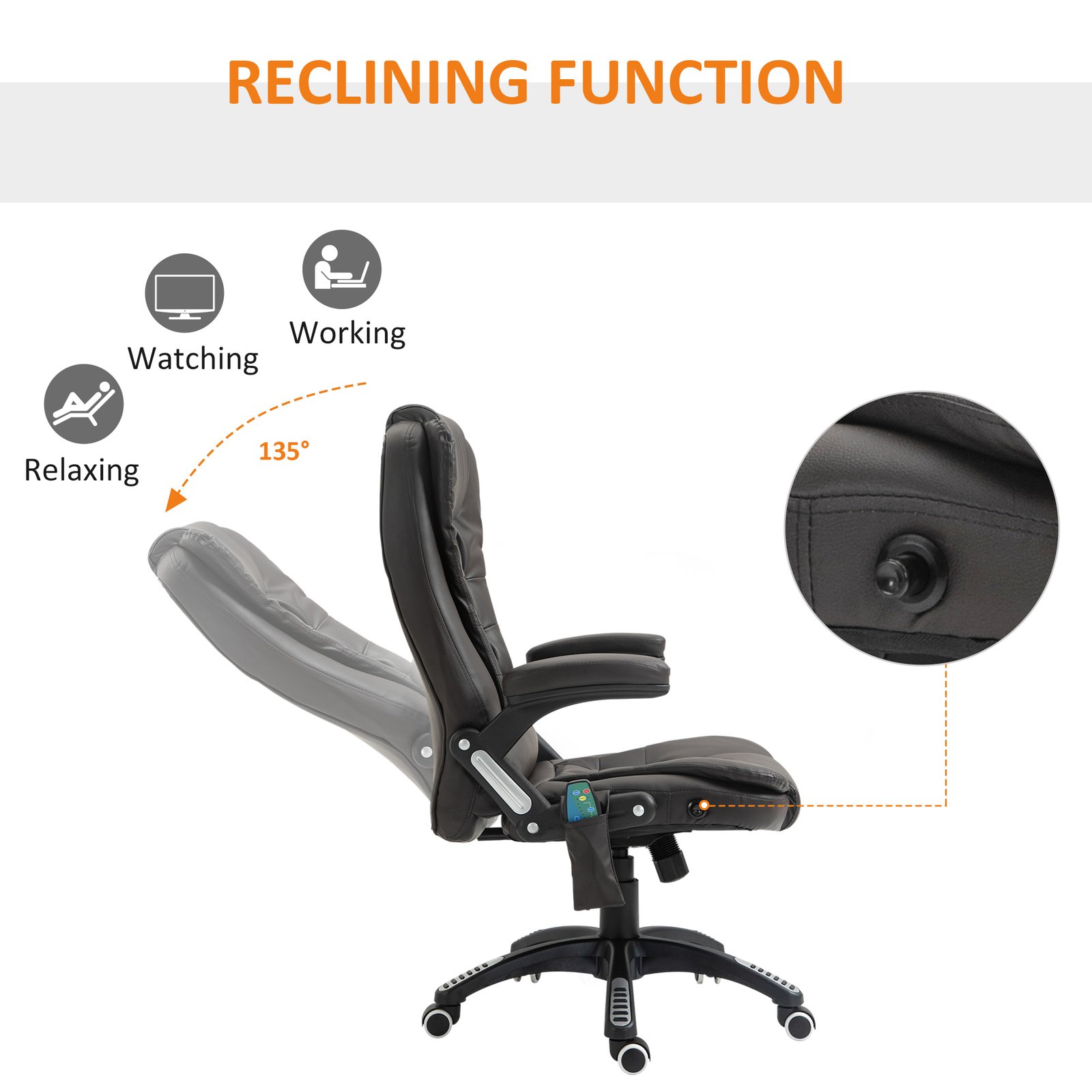 HOMCOM 6-Point Massage Office Chair with Seat Heated for Home Office, PU Leather High Back Executive Desk Chair with Adjustable Height and 360° Swivel for Work Study, Brown - Image 7