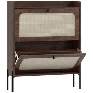 HOMCOM Shoe Cabinet with 2 Flip Drawers, Boho Narrow Shoe Storage Cabinet, Dark Brown