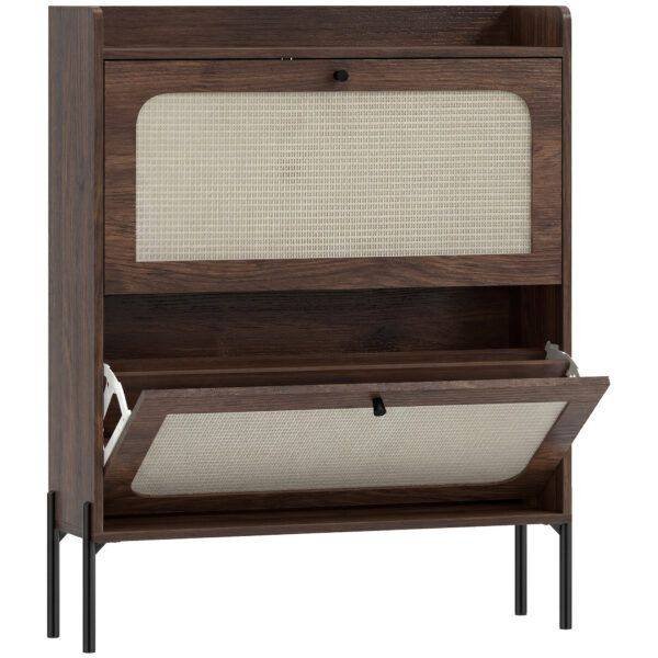 HOMCOM Shoe Cabinet with 2 Flip Drawers, Boho Narrow Shoe Storage Cabinet, Dark Brown