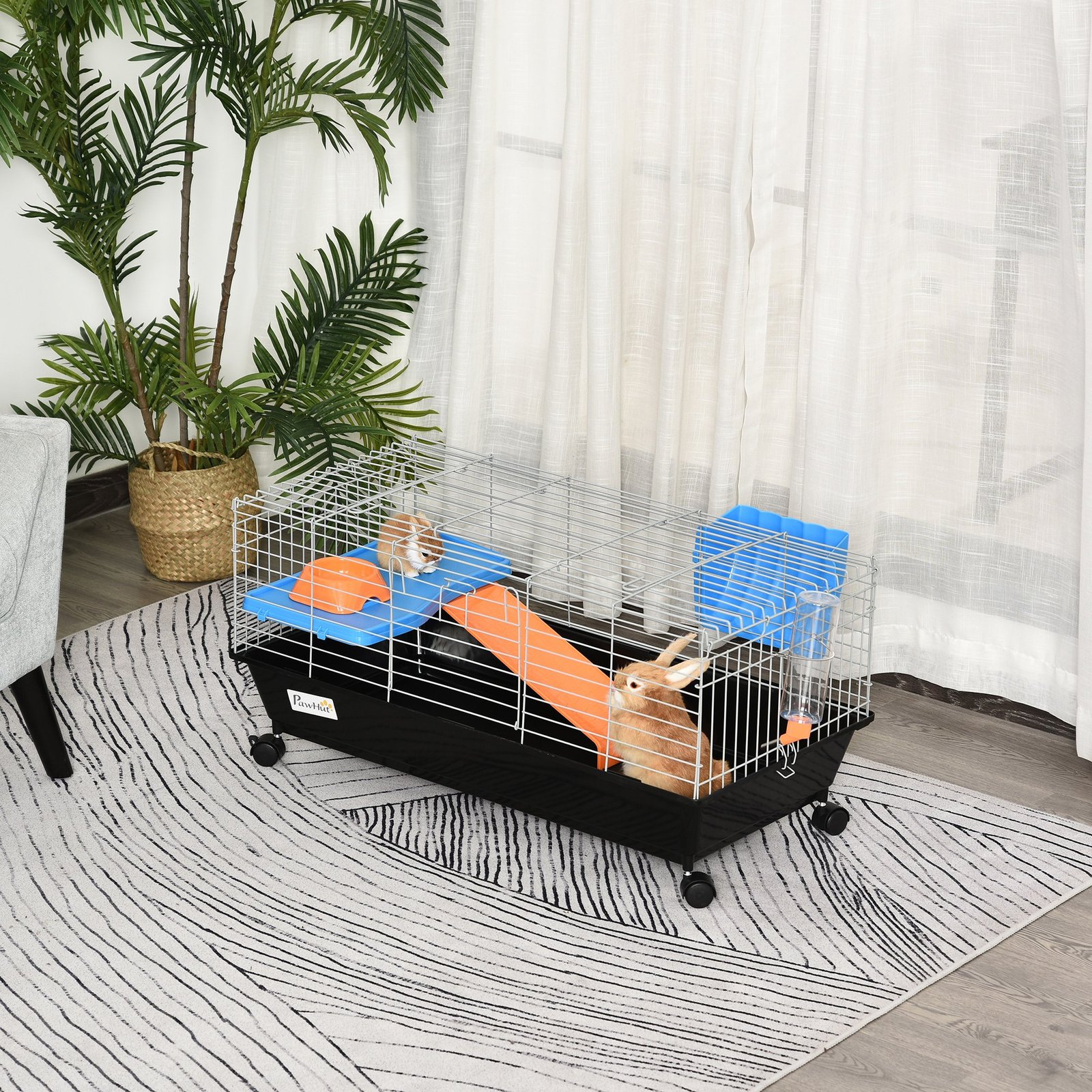 PawHut Steel Small 2-Tier Small Guinea Pigs Hutches w/ Accessories Blue/Orange - Image 2