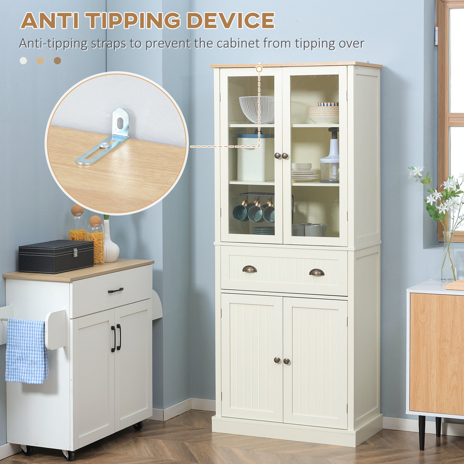 HOMCOM Freestanding Kitchen Cupboard, 5-tier Storage Cabinet with Adjustable Shelves and Drawer for Living Room, Dining Room, Cream White - Image 7