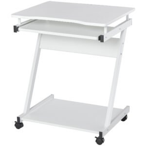 HOMCOM Mobile Computer Desk, Z-Shaped Writing Desk, PC Table for Small Spaces, Workstation with 4 Wheels & Sliding Keyboard for Home Office, Easy Assembly, White