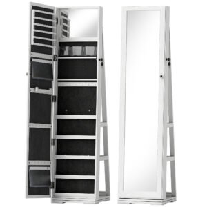 HOMCOM 360° Swivel Jewellery Cabinet, Free Standing Full Length Mirror with Storage, Lockable Jewellery Organiser with Built-in Makeup Mirror and Storage Shelves for Bedroom, White