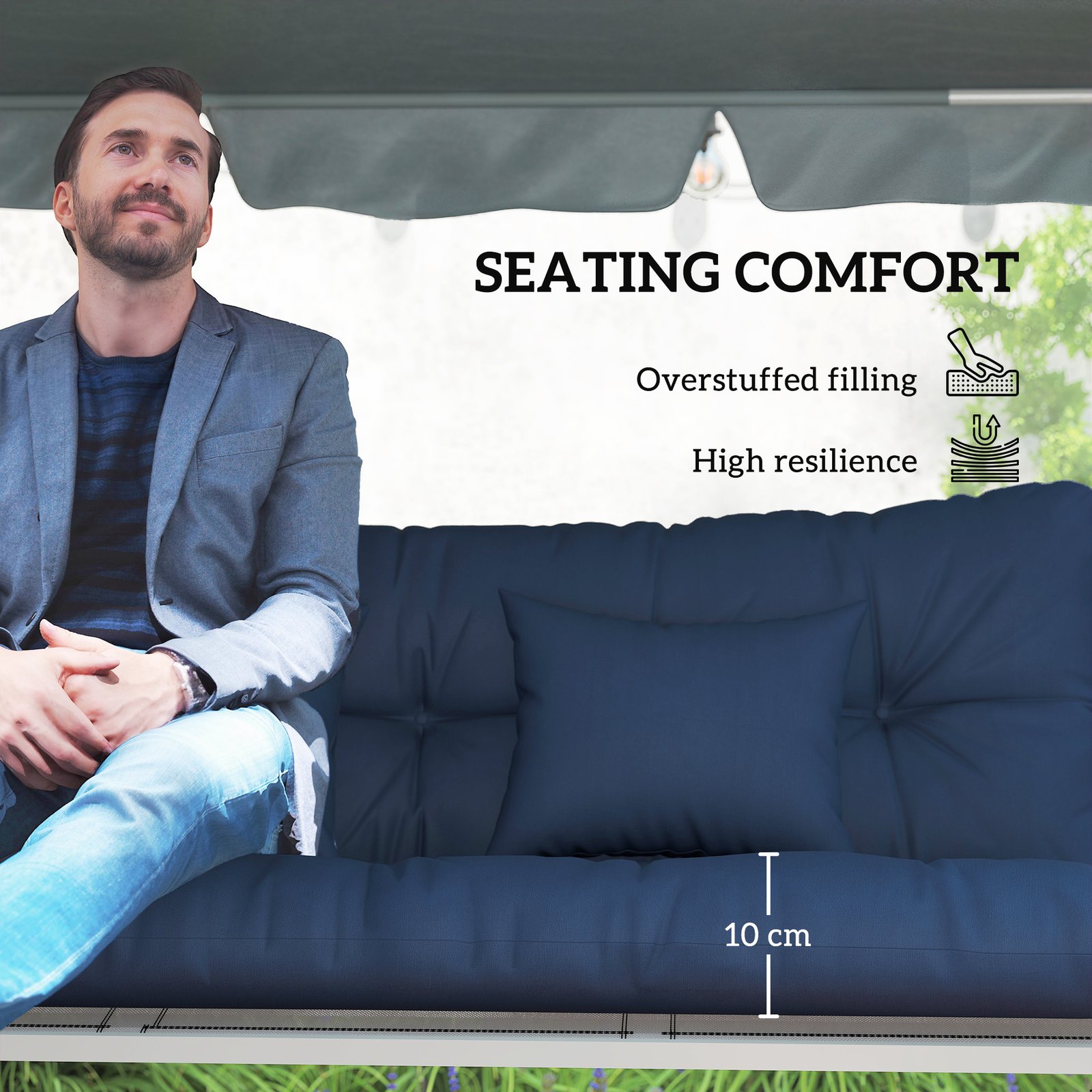 Outsunny Outdoor Seat Cushions Back Cushion with 2 Pillows, Water Repellent Seat Pads for 3-Seater Chair, Dark Blue - Image 6
