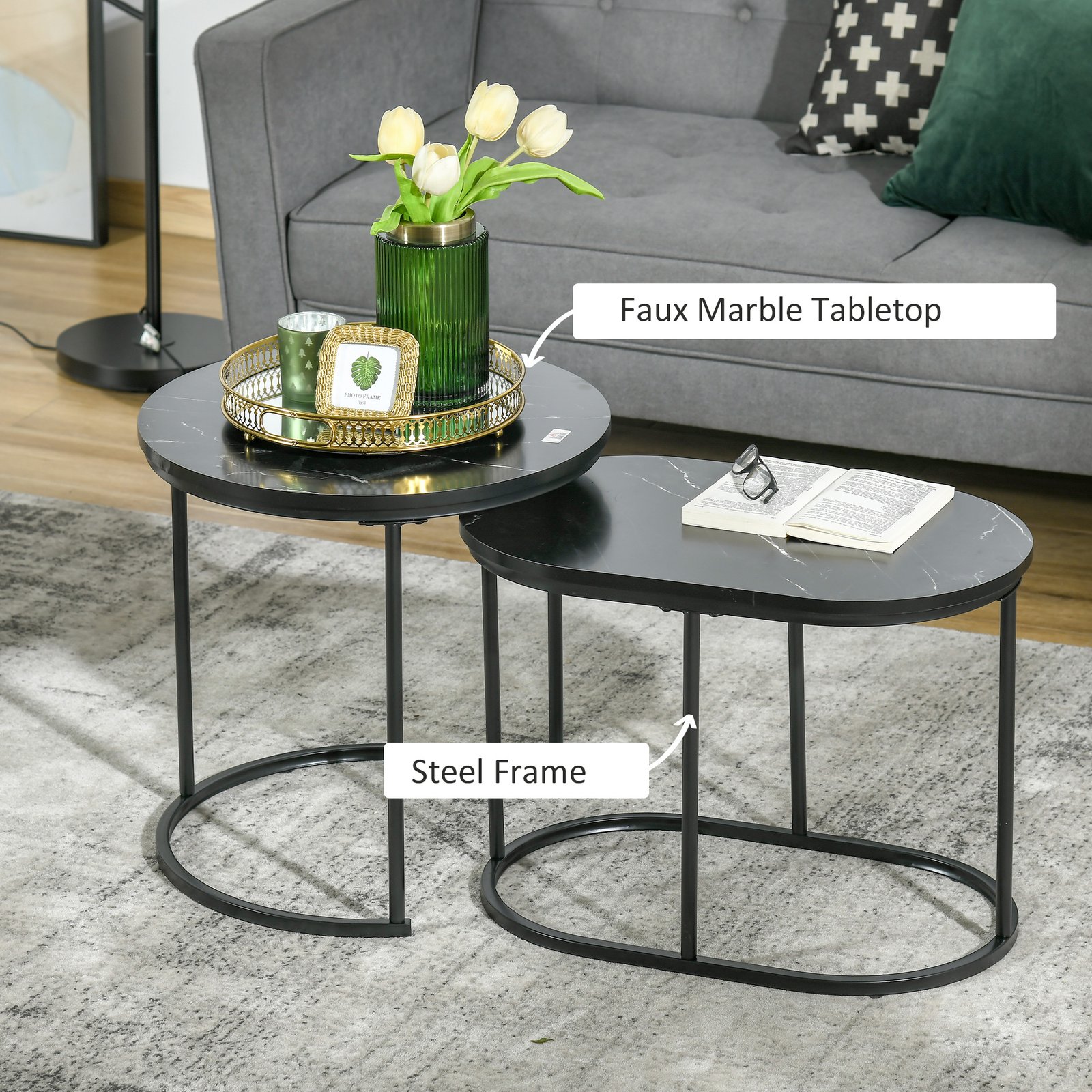 HOMCOM Marble-Effect Nest of Tables - Black/White - Image 5