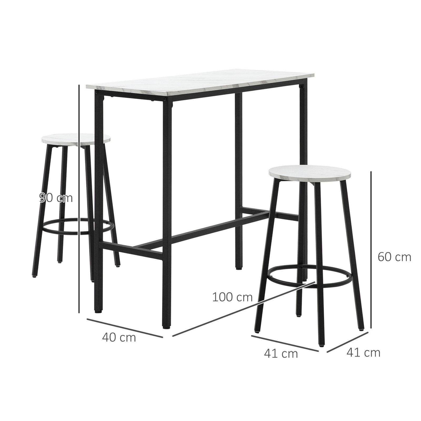 HOMCOM Three-Piece Marble-Effect Bar Table Set - White/Black - Image 3