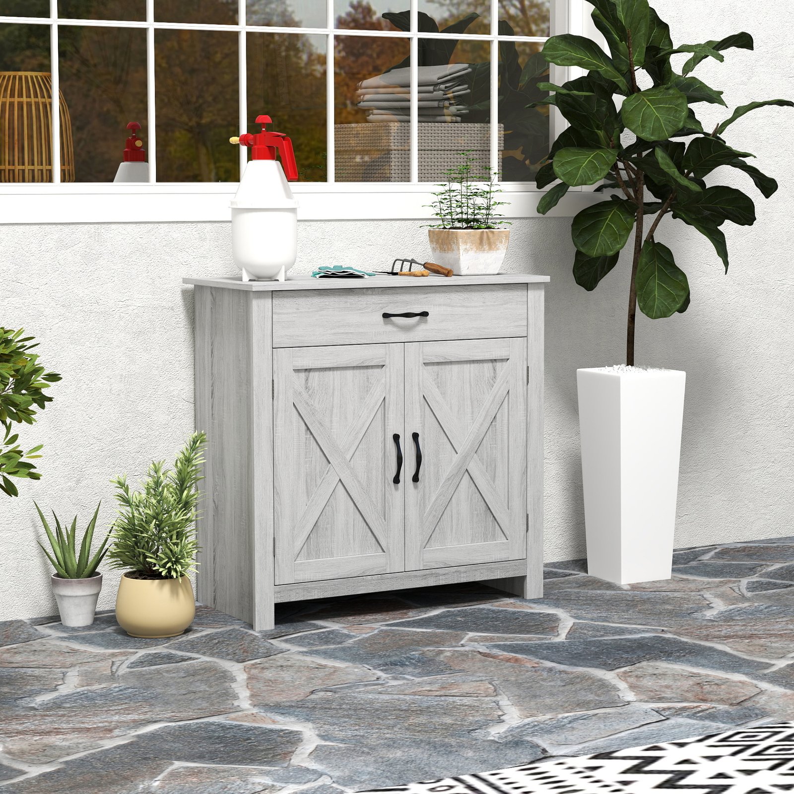 HOMCOM Farmhouse Barn Door Sideboard Storage Cabinet Coffee Bar for LIVING Room Grey Grain - Image 2