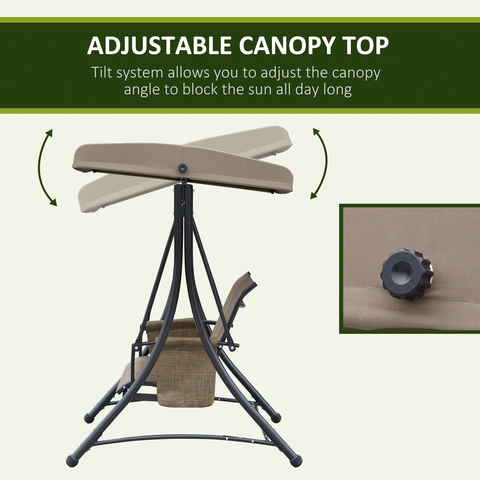 Outsunny 3 Seater Garden Swing Seat Outdoor Swing Chair with High Back Design, Steel Frame, Side Pouches, Adjustable Canopy, Brown - Image 4