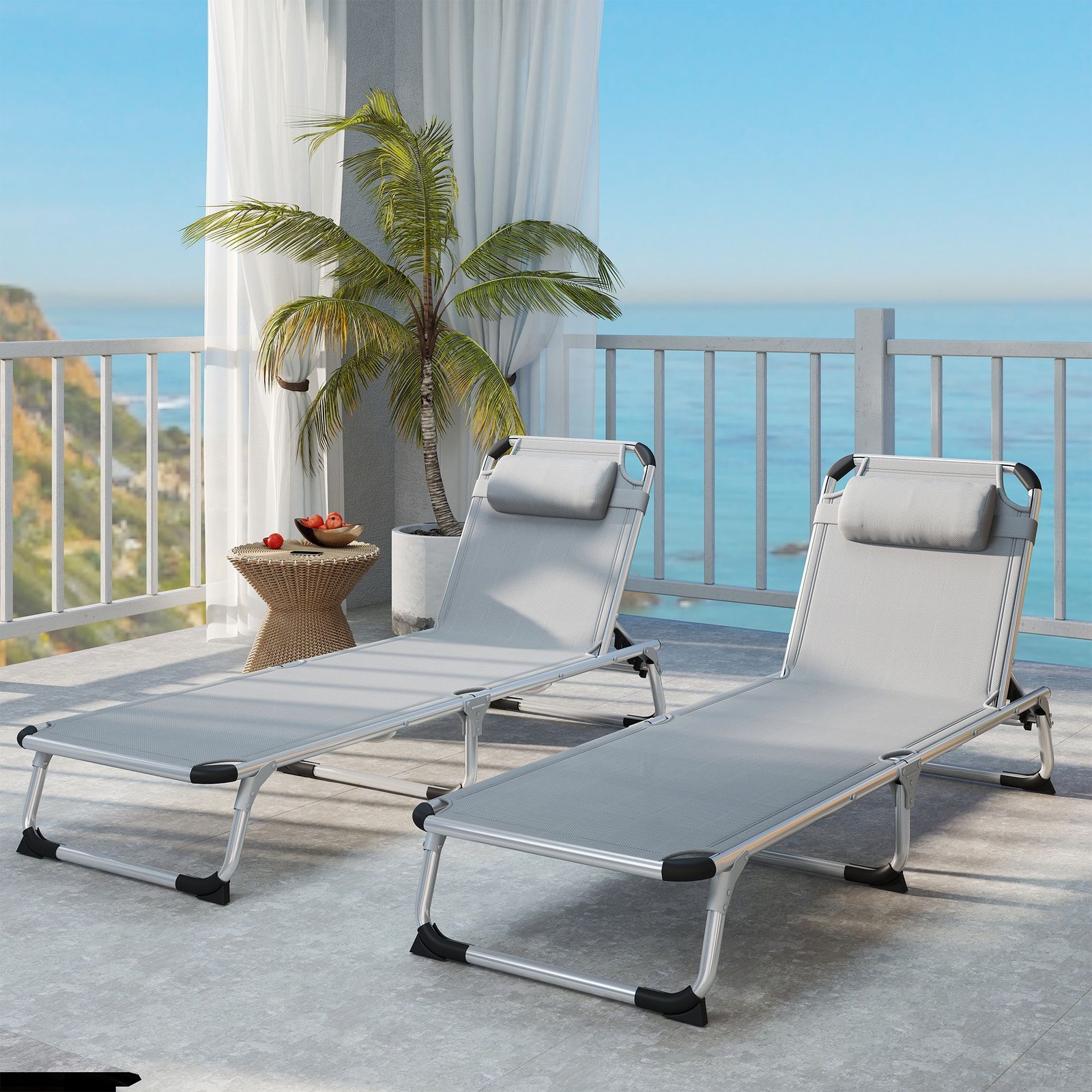 Outsunny Foldable Outdoor Sun Lounger Set of 2, Reclining Lounge Chair Camping Bed Cot with Pillow 4-Level Adjustable Back Aluminium Frame, Light Grey - Image 7