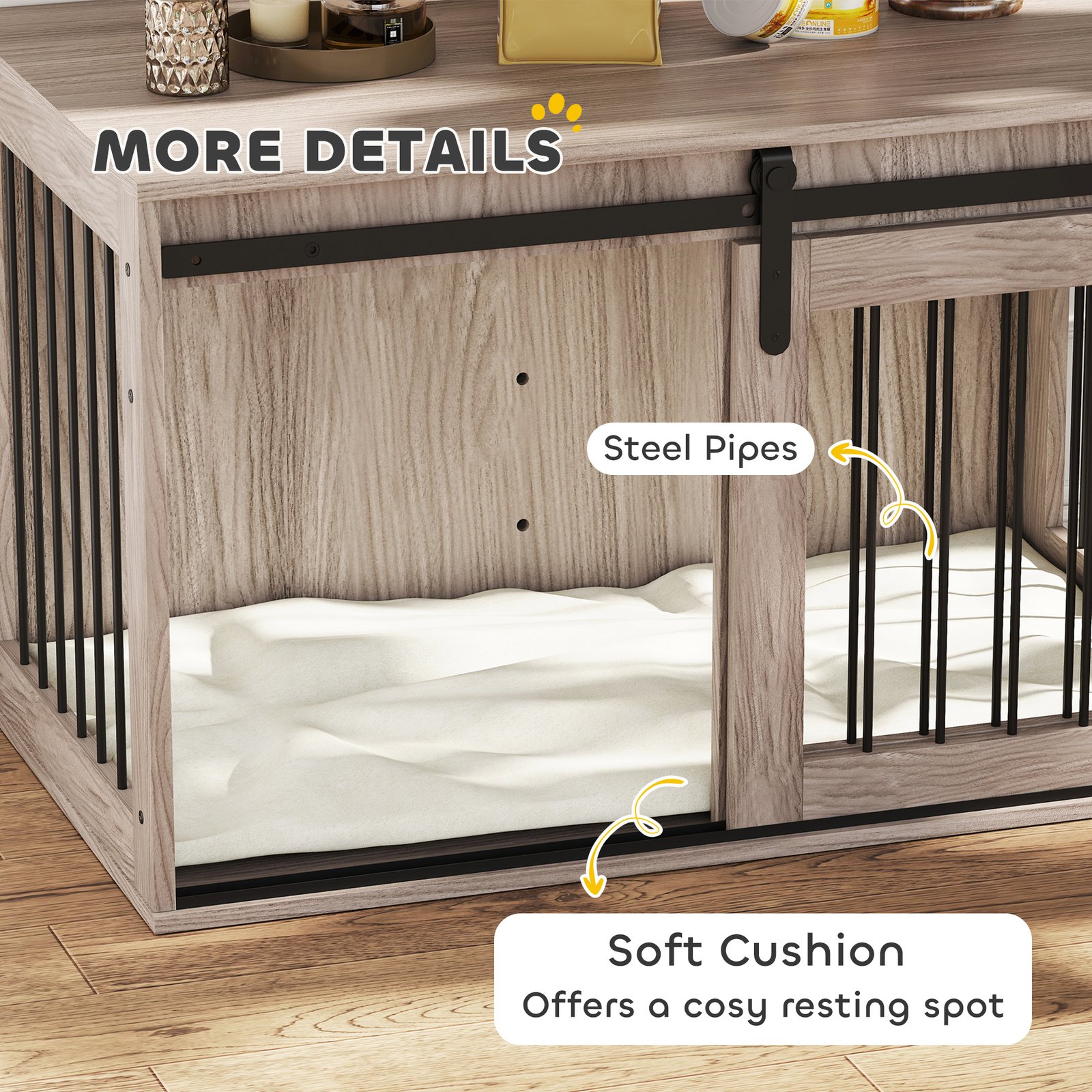 PawHut 98cm Dog Crate Furniture with Removable Cushion for Large Dogs - Brown - Image 7