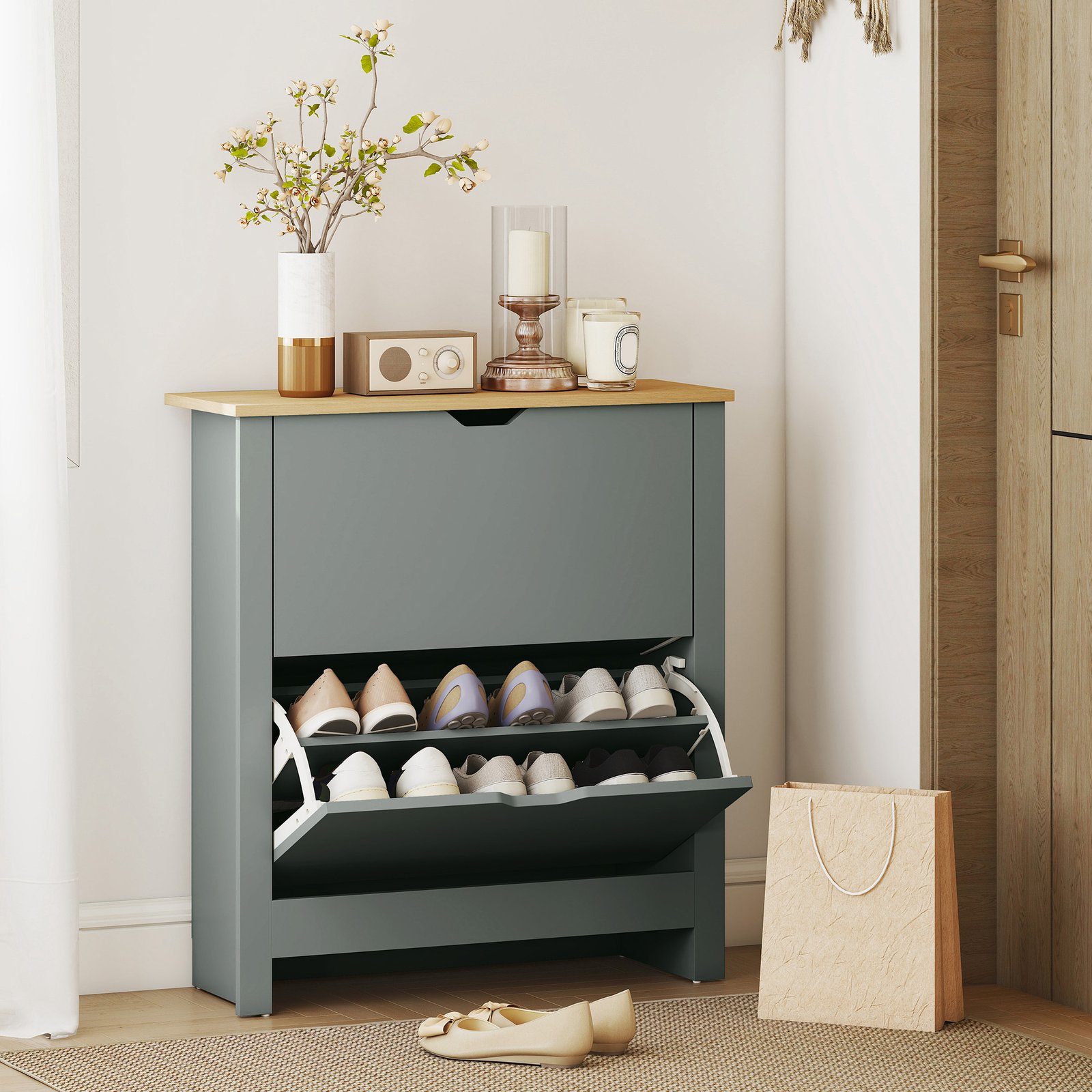 HOMCOM Slim Shoe Cabinet, Narrow Shoe Cupboard with 2 Flip Drawers, Adjustable Shelves for 12 Pairs of Shoes, Light Grey - Image 8