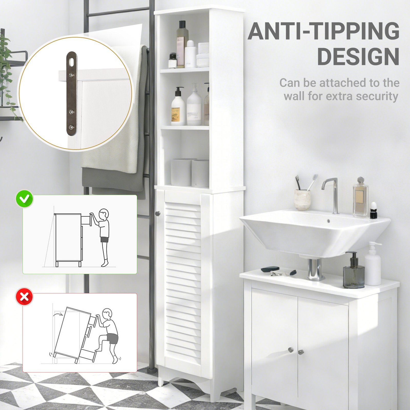 HOMCOM Tall Bathroom Cabinet, Freestanding Slim Bathroom Storage Unit with Adjustable Shelves and Shutter Door, Floor Storage Cupboard with 6 Shelves, 165H x 34W x 20D cm, White - Image 7