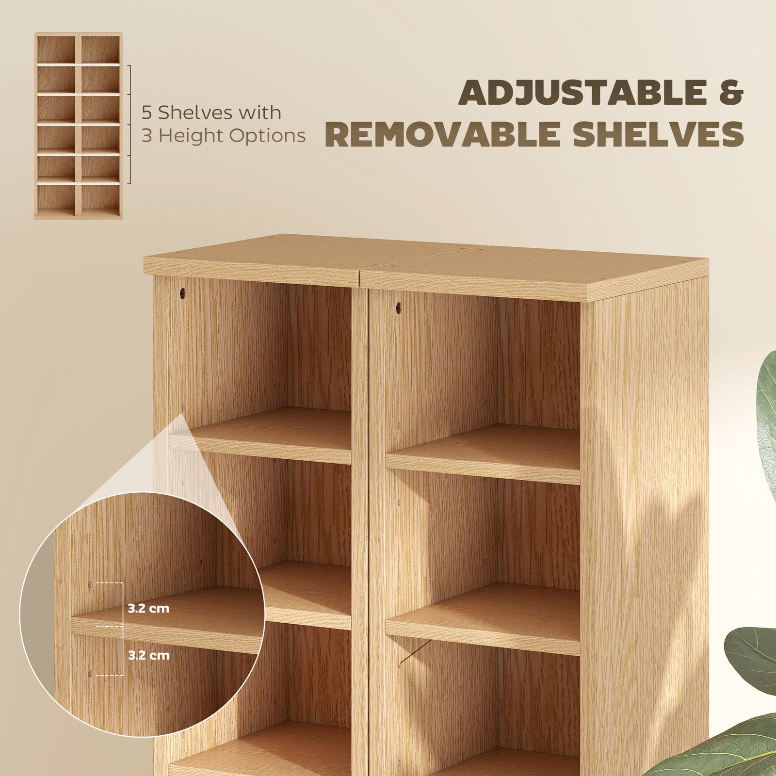 HOMCOM Set of 2 CD Media Display Shelf Unit Tower Rack with Adjustable Shelves, Natural - Image 6