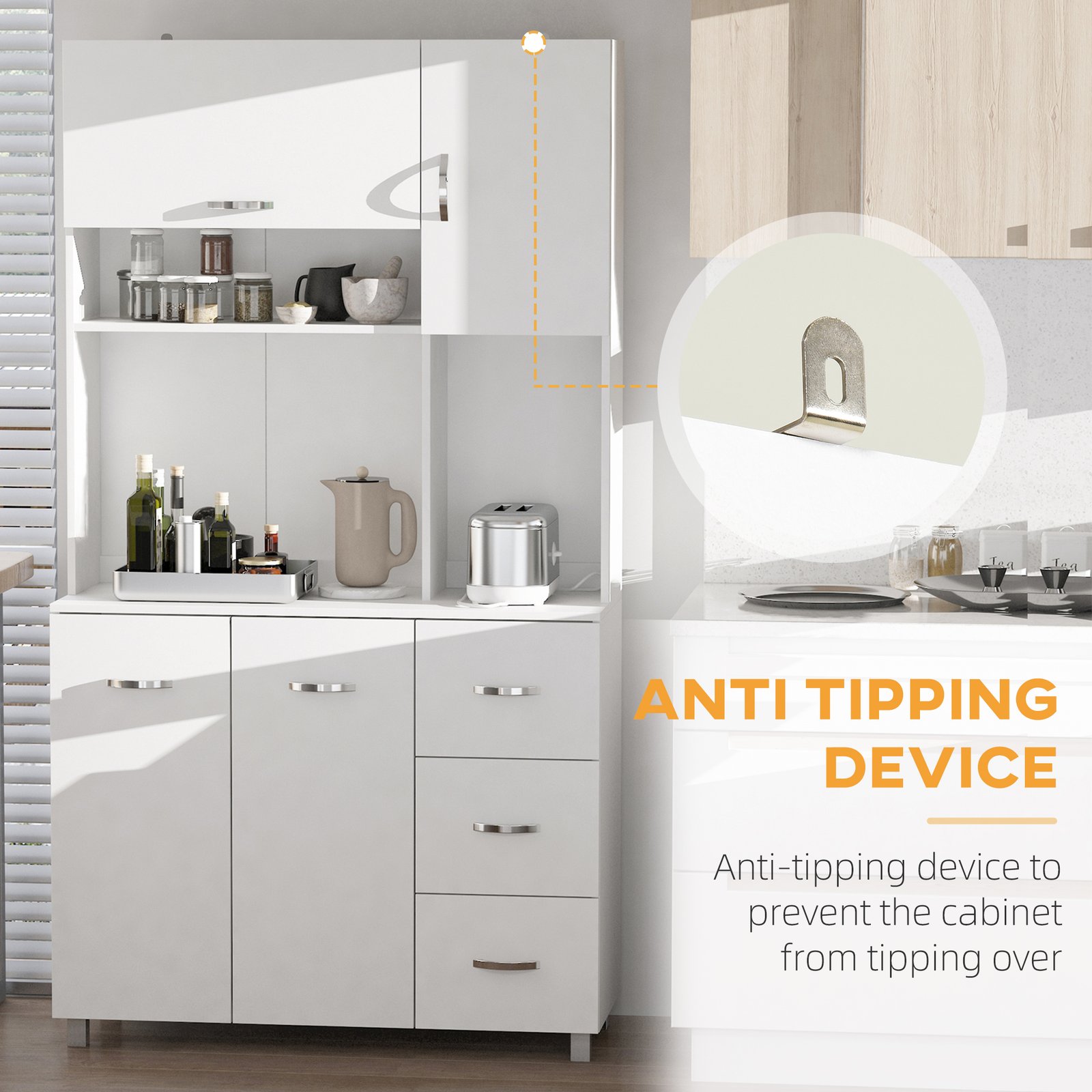 HOMCOM Kitchen Cupboard, 183cm Tall Storage Cabinet with Countertop, Sideboard with 3 Small Drawers, Flip Up Top Door, 3 Cabinet Doors and Open Shelves, 100W x 39.5D x 183.5H cm, White - Image 7