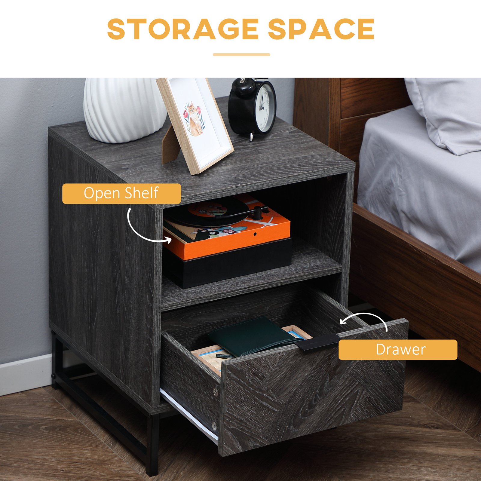 HOMCOM Bedside Table with Drawer and Shelf, Side End Table with Steel Legs for Living Room, Bedroom, Dark Grey - Image 5