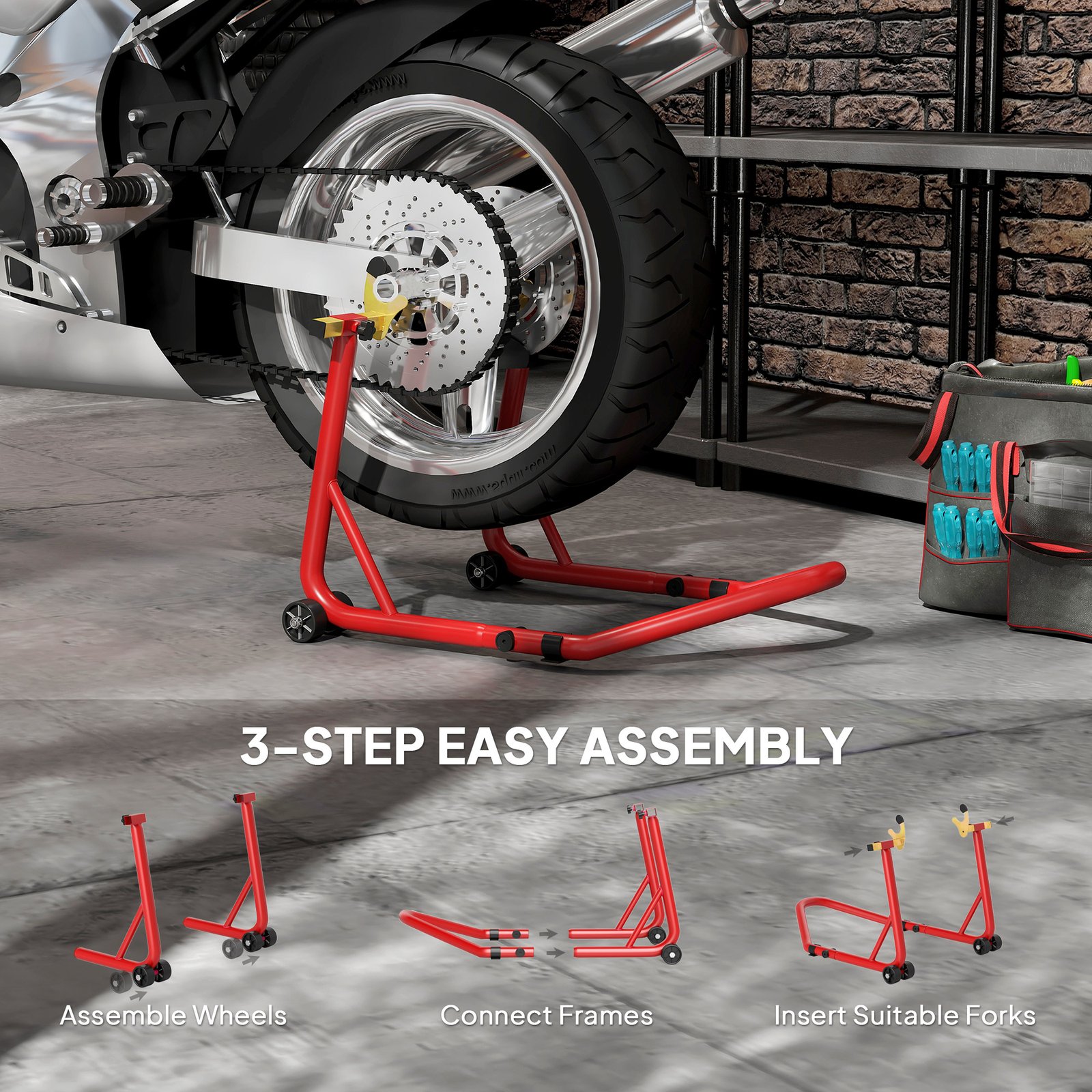 HOMCOM Motorcycle Rear Wheel Stand, 544 kg Capacity Heavy Duty Steel Motorbike Motorcycle Paddock Stand Lift with Adjustable U + L Forks, Wheels, Non-Slip Pads for Workshop Garage Repair, Red - Image 6