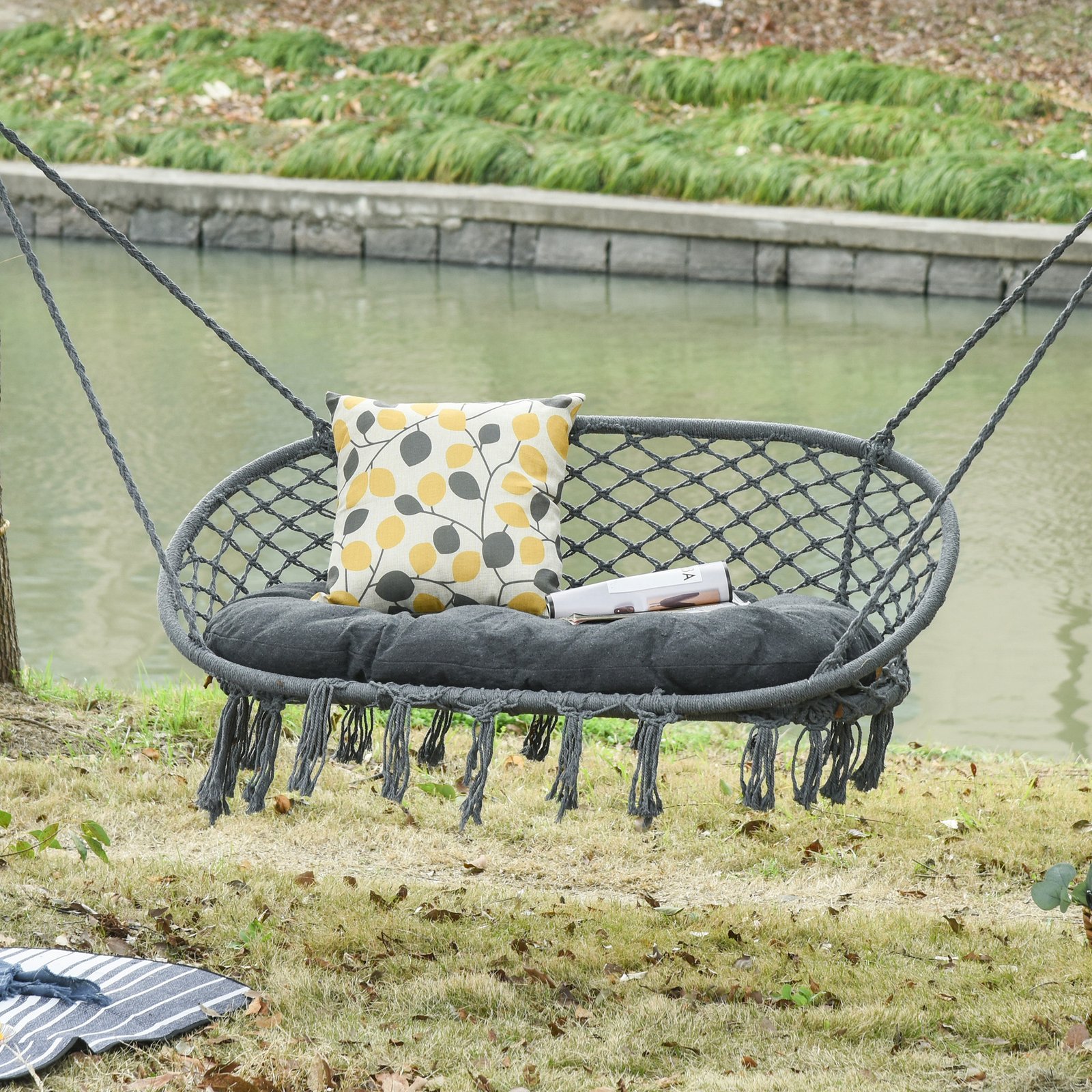 Outsunny Two-Seater Boho Macrame Hammock Swing - Grey - Image 2