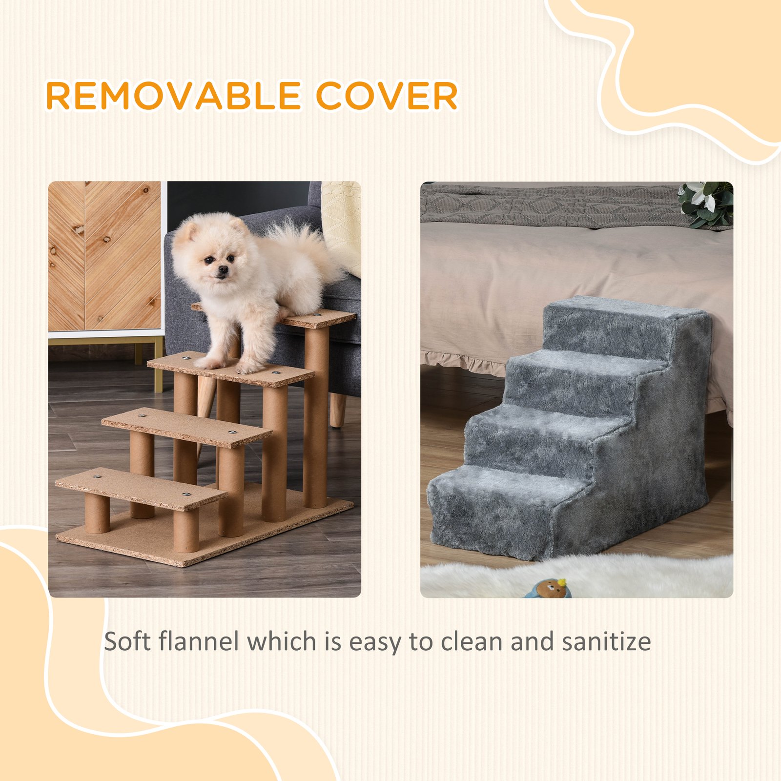 PawHut Four-Step Dog Stairs, with Washable Plush Cover, for High Bed Sofa, Dog Stairs for Small Dog and Cat - Light Grey - Image 5