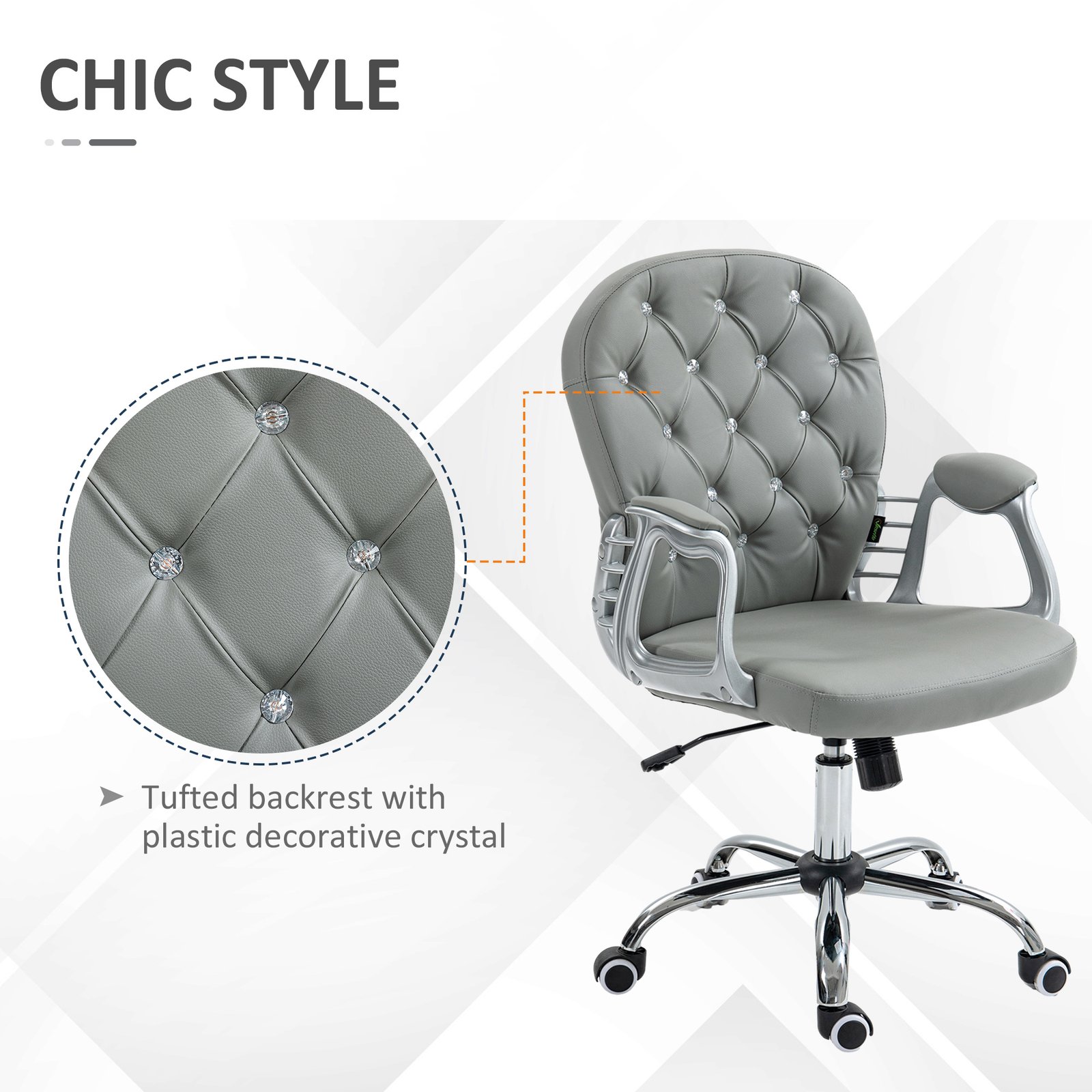 Vinsetto Office Chair Ergonomic 360° Swivel PU Diamante Padded Base 5 Castor Wheels for Home Work Grey - Image 7