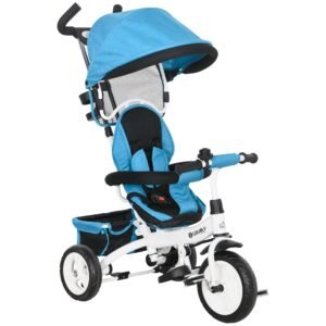 HOMCOM 6 in 1 Kids Trike Push Bike w/ Push Handle, Canopy, 5-point Seat Belt, Storage, Footrest, Brake, for 1-5 Years, Blue