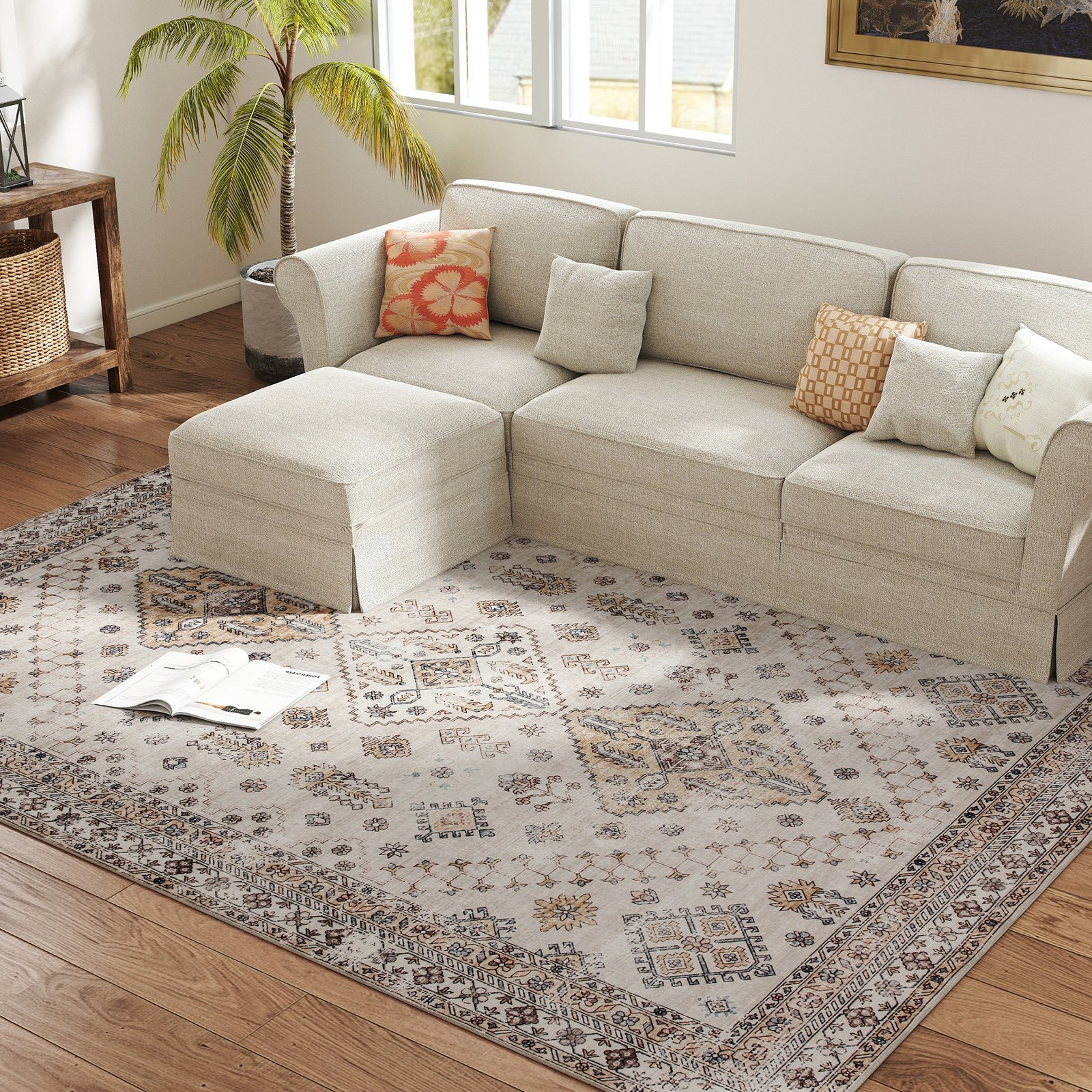 HOMCOM Vintage Area Rug, Non-Slip Washable Rug, Flannel Floor Carpet for Living Room, Bedroom, Dining Room, Home Office, 290 x 200 cm, Beige - Image 7