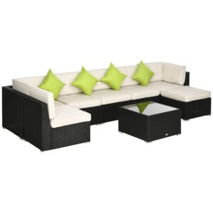 Outsunny 8 Pieces PE Rattan Corner Sofa Set, Outdoor Garden Furniture Set, Patio Wicker Sofa Seater w/ Cushion, Washable Cushion Cover & Tempered Glass Table, Khaki