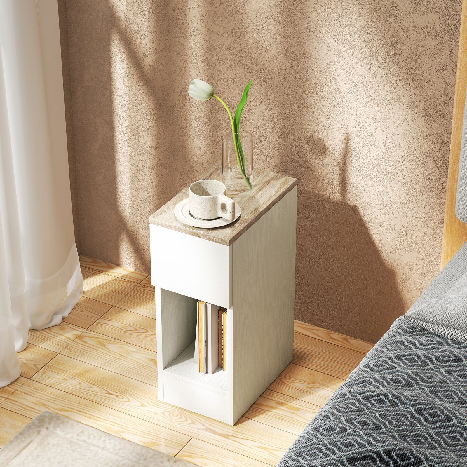 HOMCOM Set of Two Modern Storage Bedside Tables - Cream White - Image 8