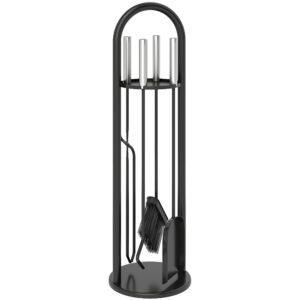 Outsunny 5 Pieces Fireplace Tools Set, Metal Fireplace Accessories Fireside Companion Set with Broom, Shovel, Poker and Bucket, Silver