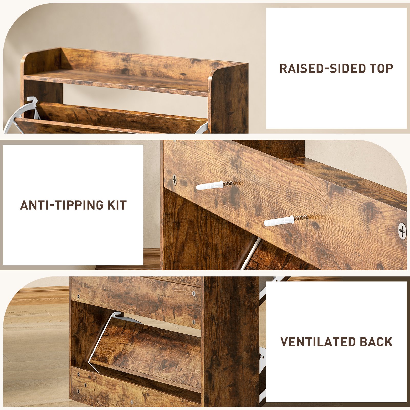 HOMCOM Two Flip Drawer Narrow Shoe Cabinet with Adjustable Shelves - Rustic Brown - Image 7