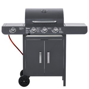 Outsunny 3+1 Burner Gas BBQ Grill, Outdoor Barbecue Trolley with Wheels, Warming Rack, Side Shelves, Cabinet, Thermometer for Garden, Party, Camping, 110L x 50W x 100Hcm, Grey