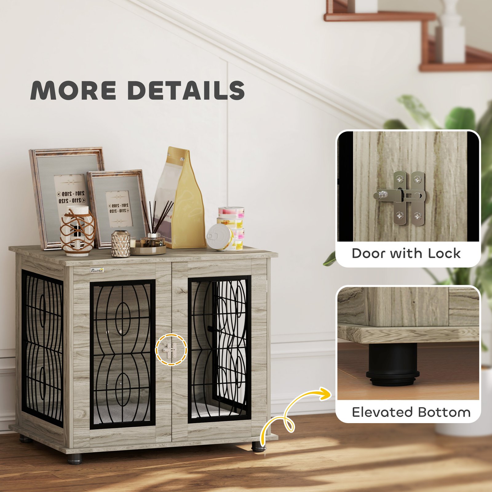 PawHut Indoor Dog Crate Furniture End Table with Soft Washable Cushion, Lockable Front Door, for Medium Dogs - Black - Image 8