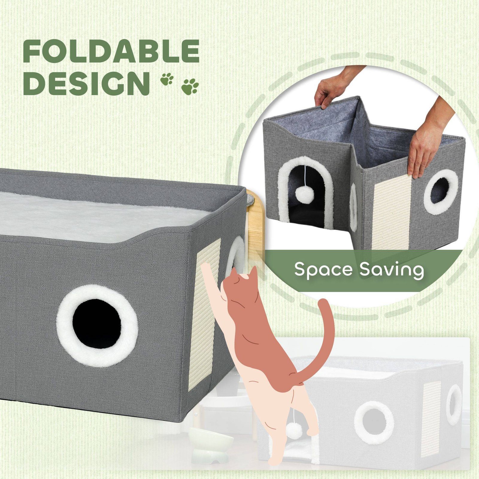 PawHut Cat Bed for Indoor Pets, Foldable Cat House with Fluffy Ball and Scratch Pad for Small and Medium Pets, Grey - Image 7