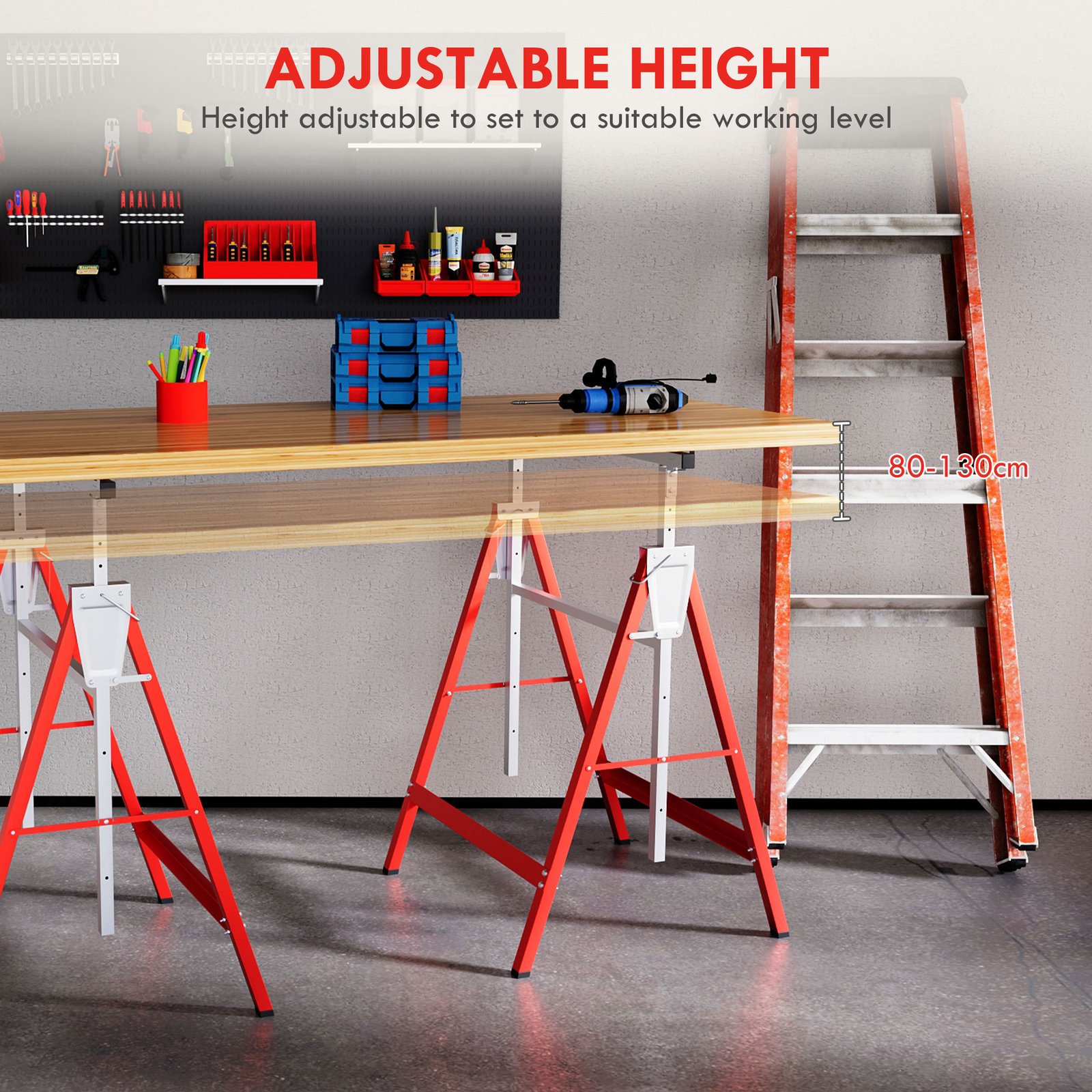 HOMCOM Set of 2 Adjustable Telescopic Builders Trestle, DIY Steel Work Bench Carpenter, Folding Saw Horse Tools Red - Image 4