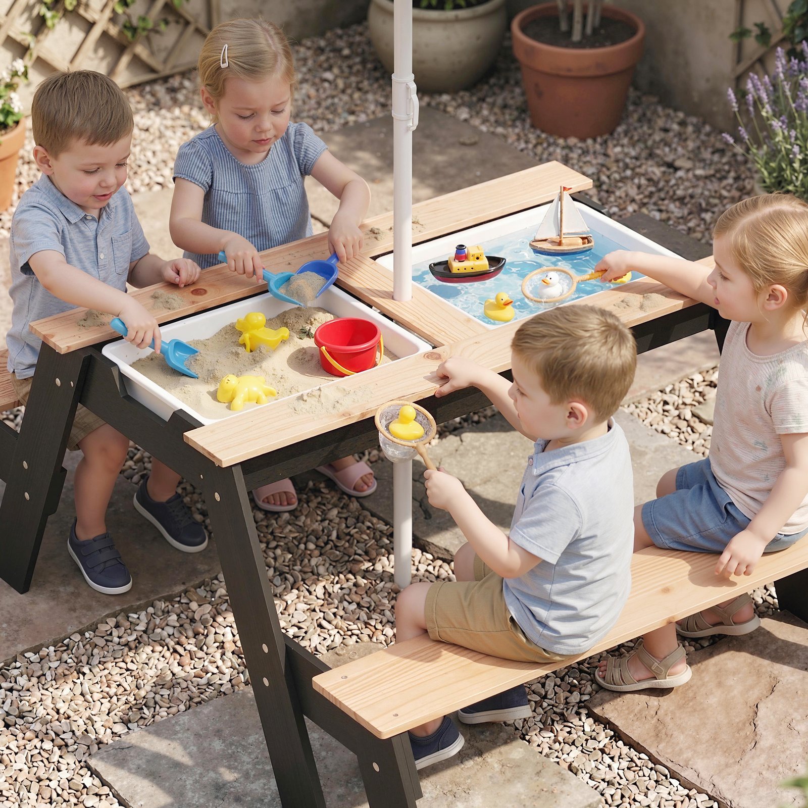 AIYAPLAY Kids Garden Furniture with Parasol, 3 in 1 Wooden Sand and Water Table with 2 Hidden Play Boxes for Patio, Ages 3-6 - Image 9
